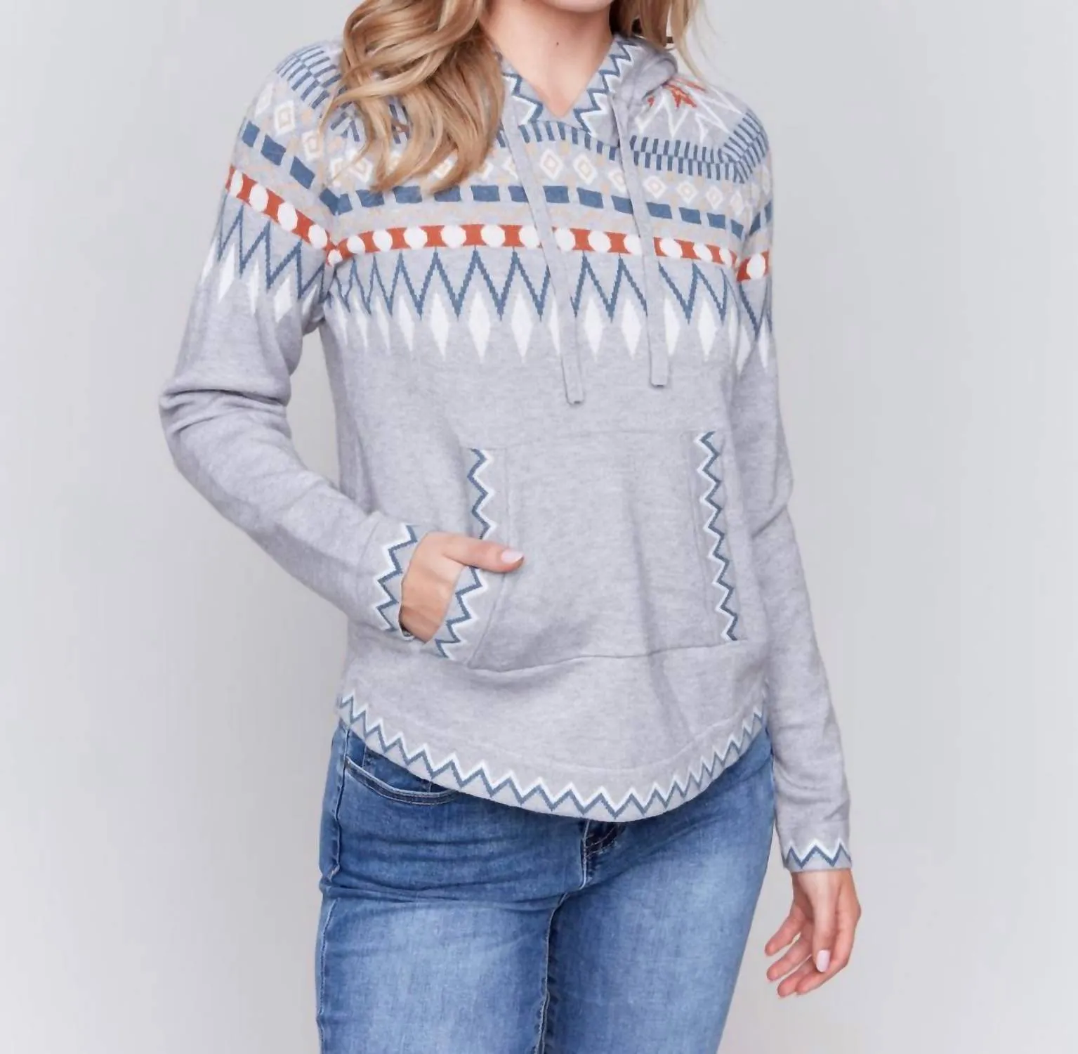 Plush Knit Ski Hoodie Sweater In Gray Multi