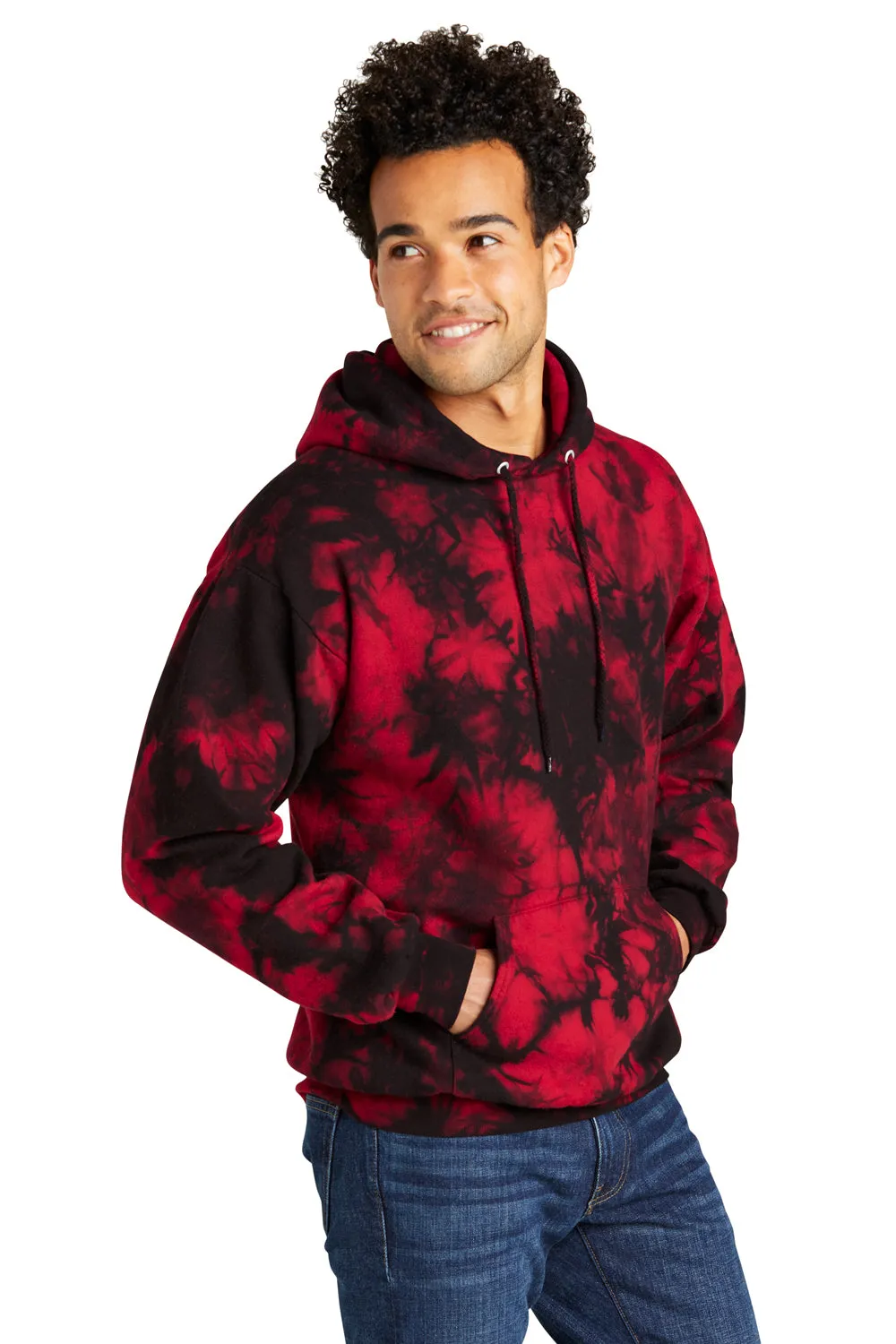 Port & Company Mens Crystal Tie-Dye Hooded Sweatshirt Hoodie w/ Pouch Pocket - Black/Red