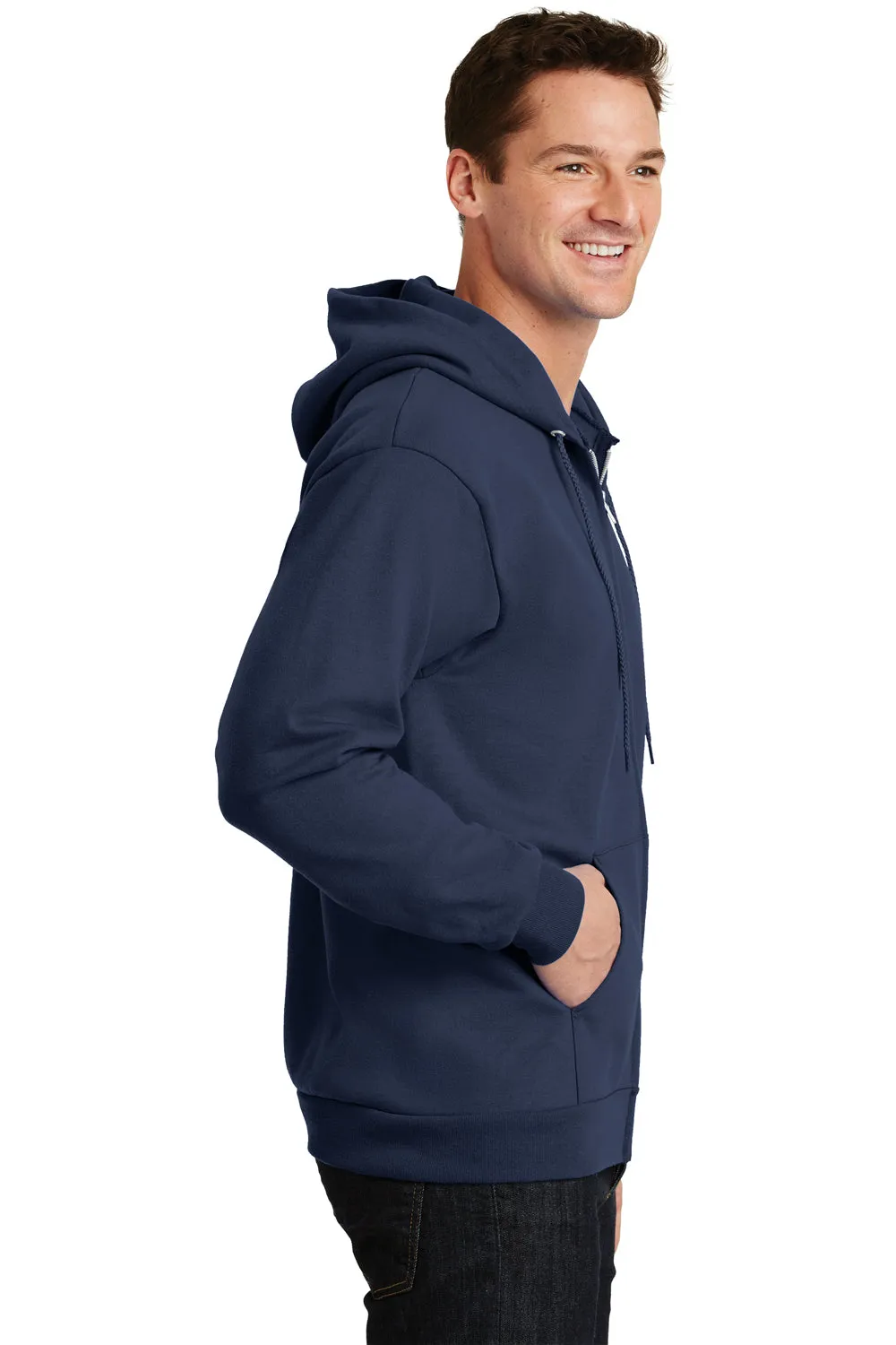 Port & Company Mens Essential Pill Resistant Fleece Full Zip Hooded Sweatshirt Hoodie w/ Pockets - Navy Blue