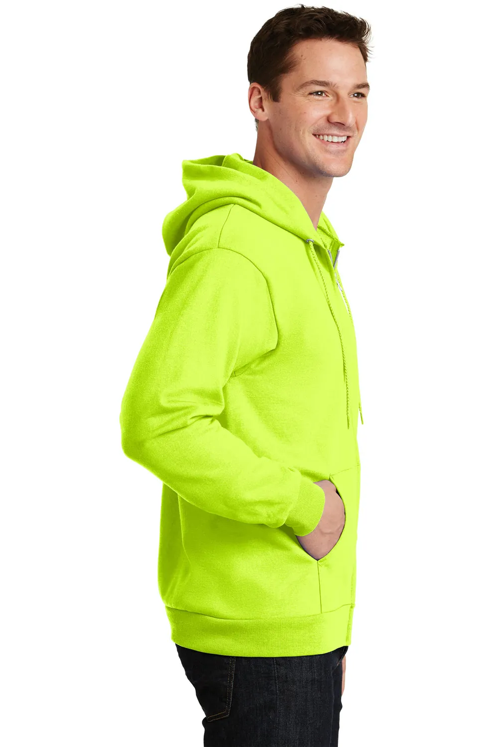 Port & Company Mens Essential Pill Resistant Fleece Full Zip Hooded Sweatshirt Hoodie w/ Pockets - Safety Green