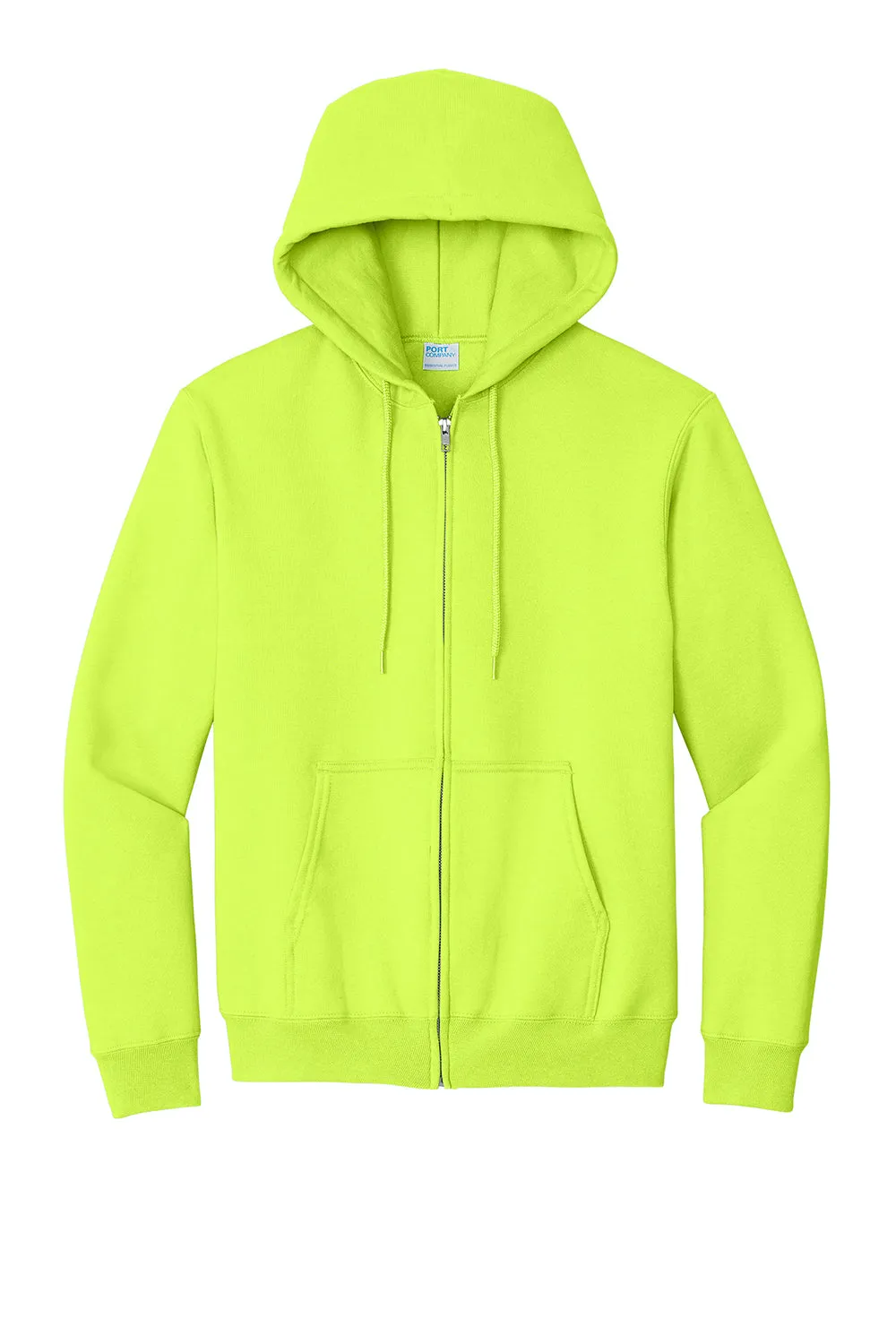 Port & Company Mens Essential Pill Resistant Fleece Full Zip Hooded Sweatshirt Hoodie w/ Pockets - Safety Green