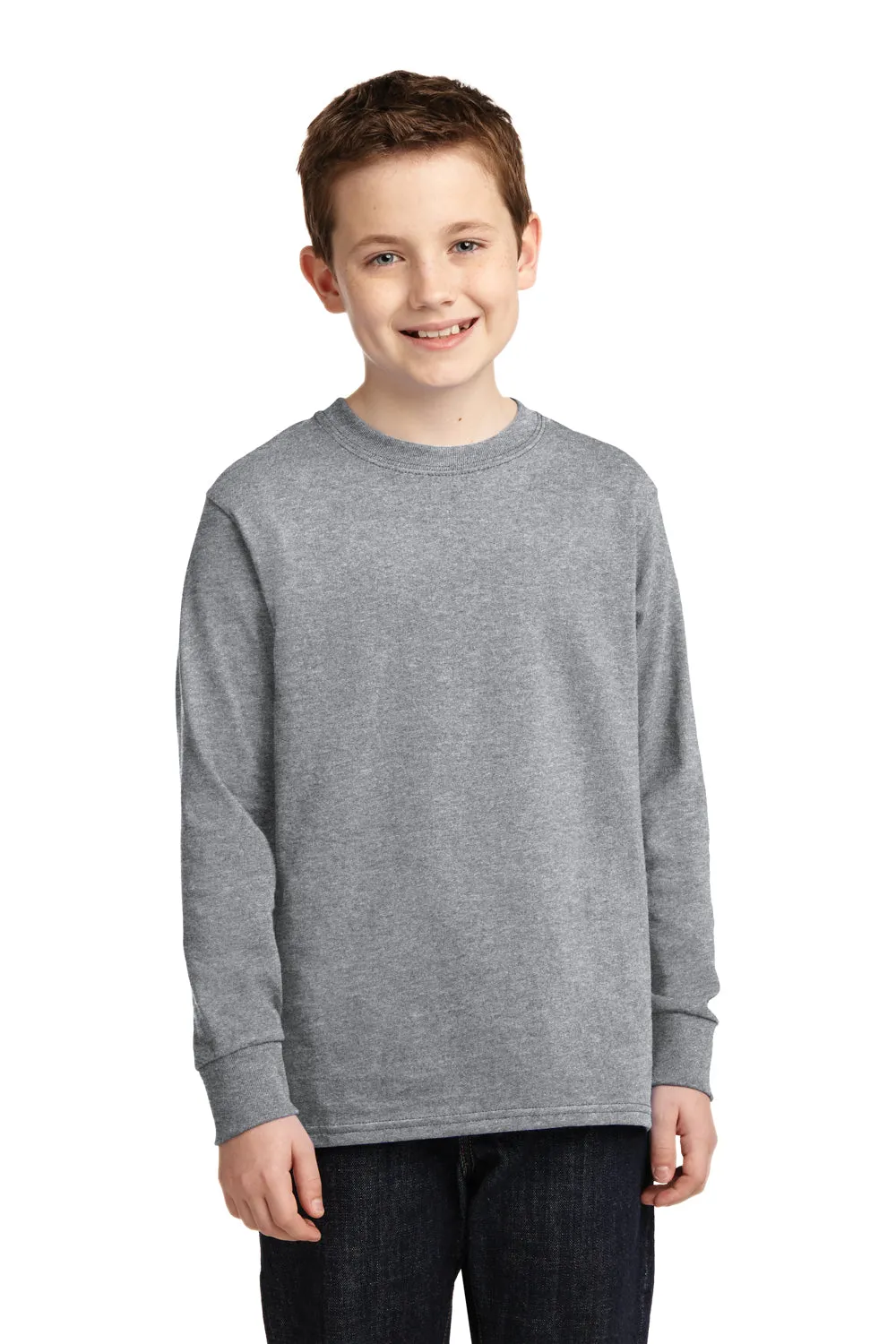 Port & Company Youth Core Long Sleeve Crewneck T-Shirt - Heather Grey