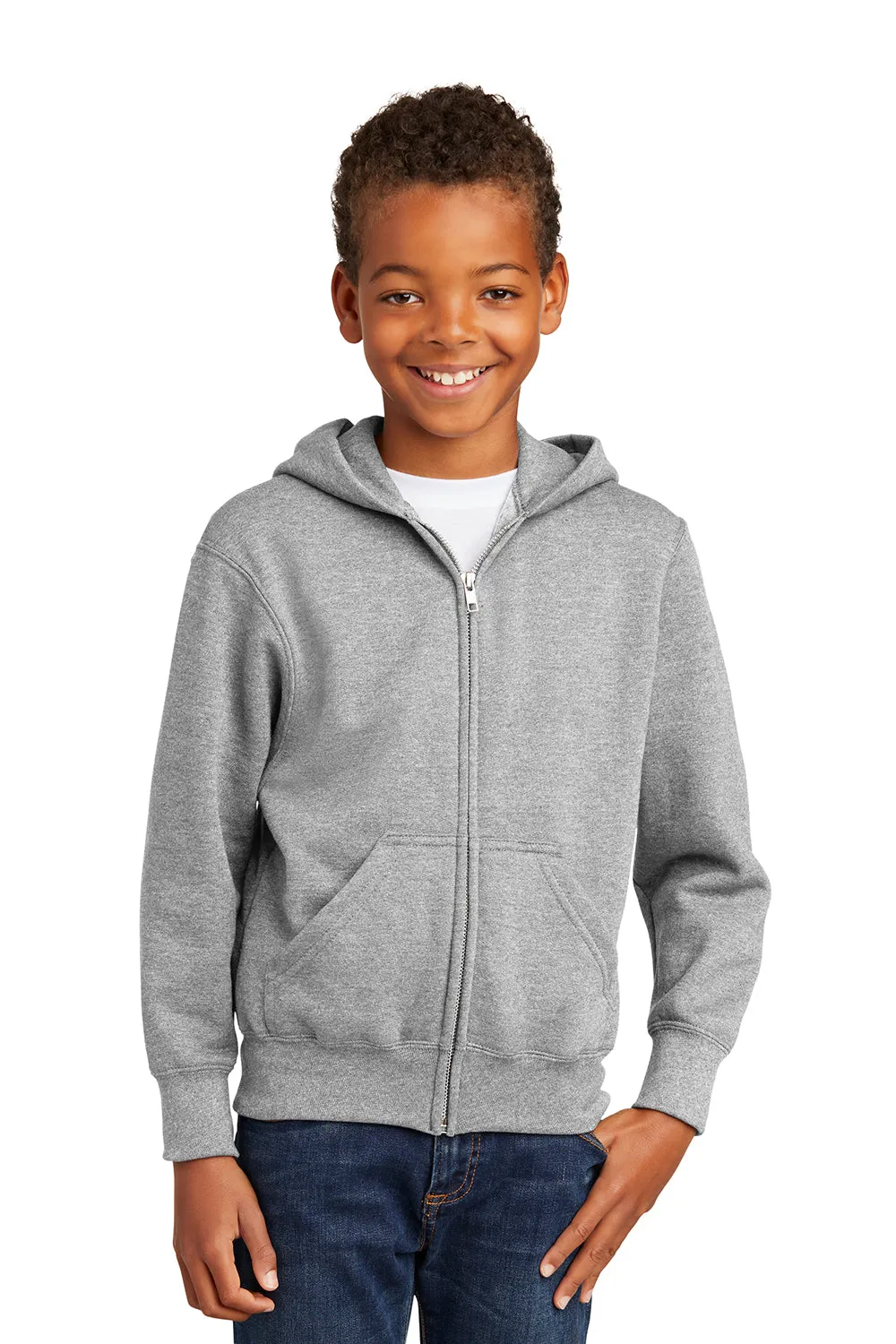 Port & Company Youth Core Pill Resistant Fleece Full Zip Hooded Sweatshirt Hoodie w/ Pockets - Ash Grey