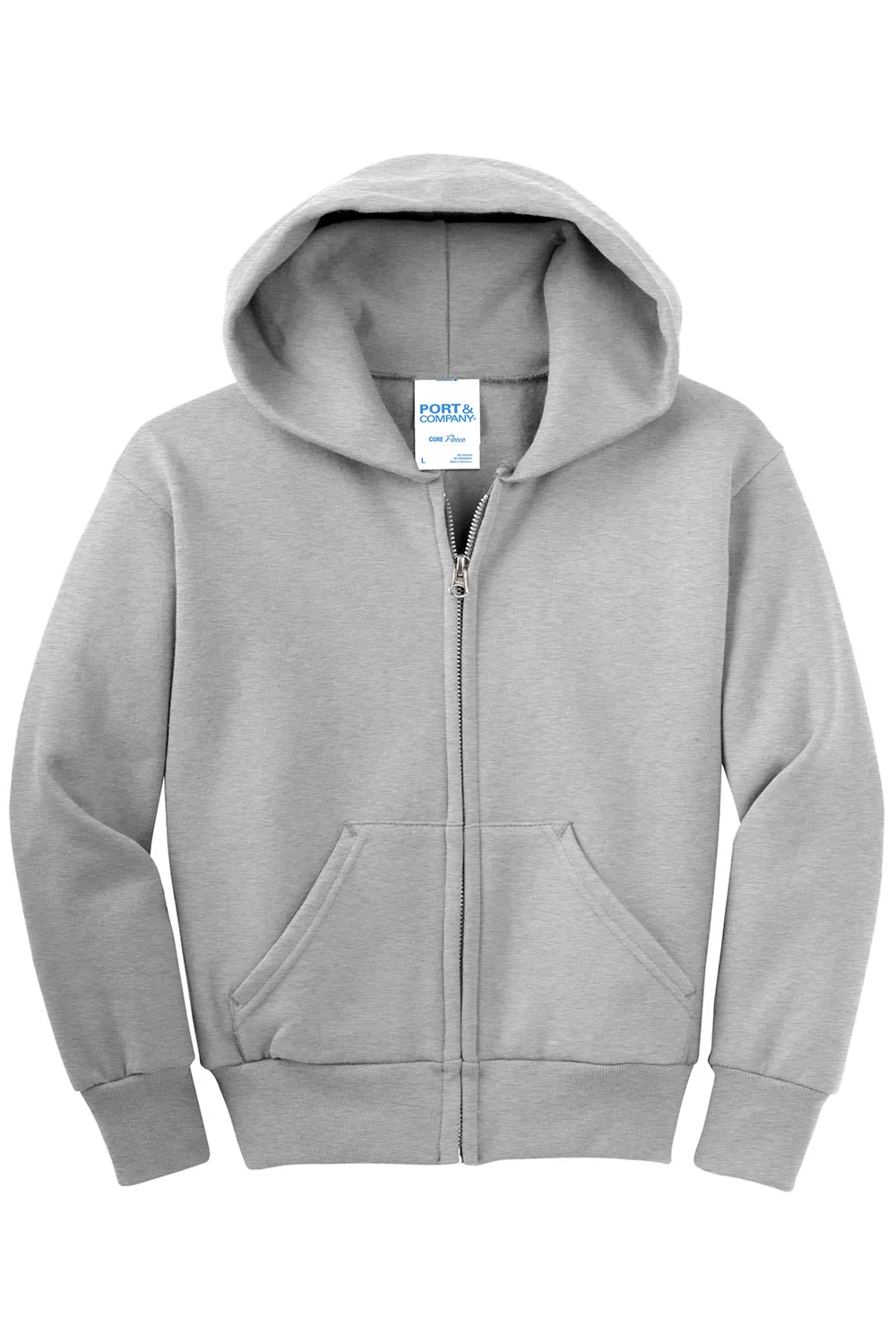Port & Company Youth Core Pill Resistant Fleece Full Zip Hooded Sweatshirt Hoodie w/ Pockets - Ash Grey