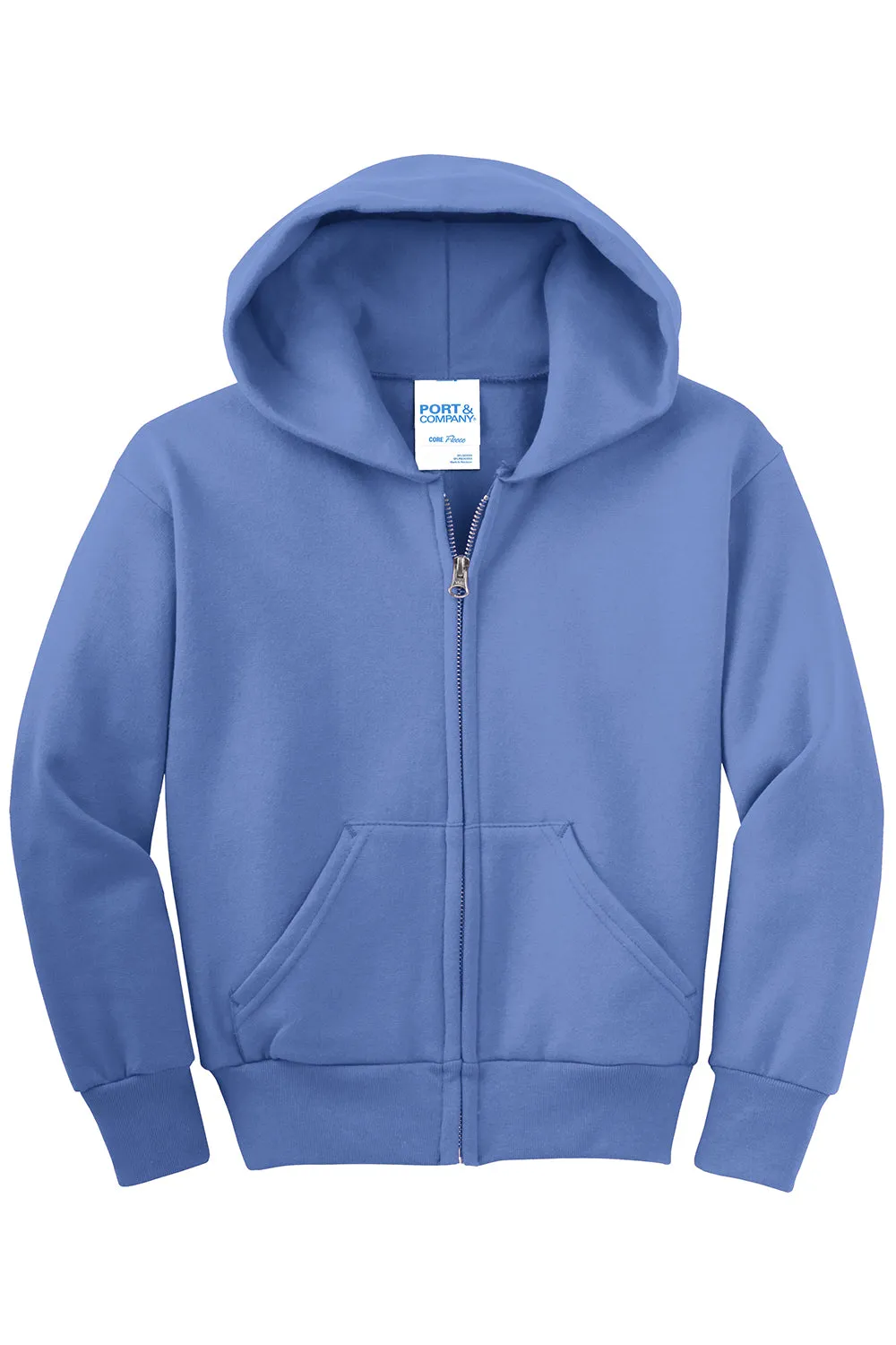 Port & Company Youth Core Pill Resistant Fleece Full Zip Hooded Sweatshirt Hoodie w/ Pockets - Carolina Blue