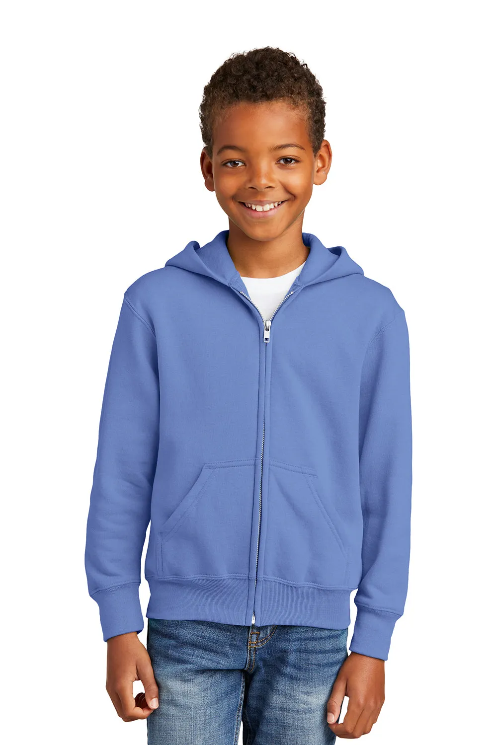 Port & Company Youth Core Pill Resistant Fleece Full Zip Hooded Sweatshirt Hoodie w/ Pockets - Carolina Blue