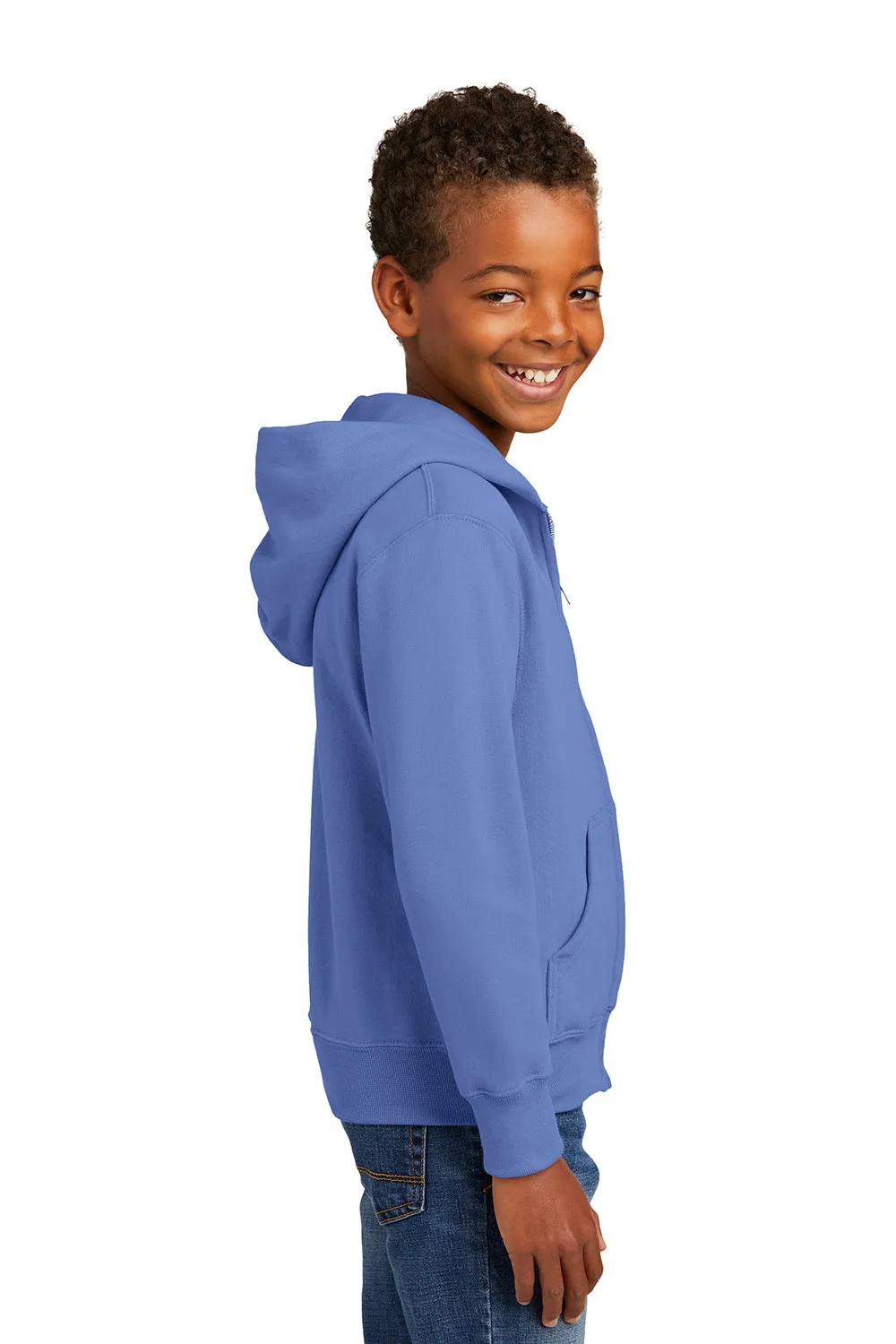 Port & Company Youth Core Pill Resistant Fleece Full Zip Hooded Sweatshirt Hoodie w/ Pockets - Carolina Blue