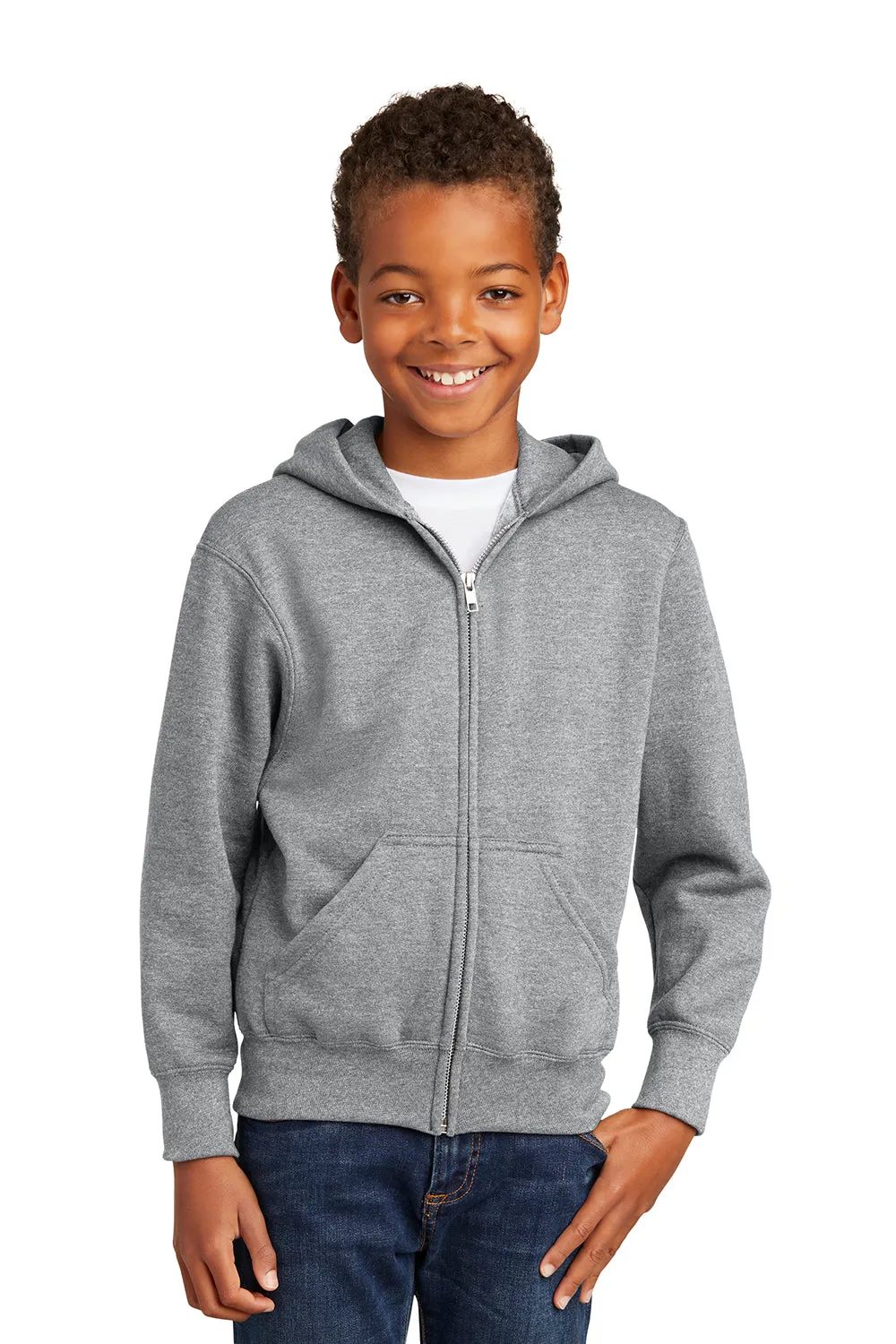 Port & Company Youth Core Pill Resistant Fleece Full Zip Hooded Sweatshirt Hoodie w/ Pockets - Heather Grey