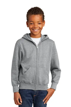 Port & Company Youth Core Pill Resistant Fleece Full Zip Hooded Sweatshirt Hoodie w/ Pockets - Heather Grey