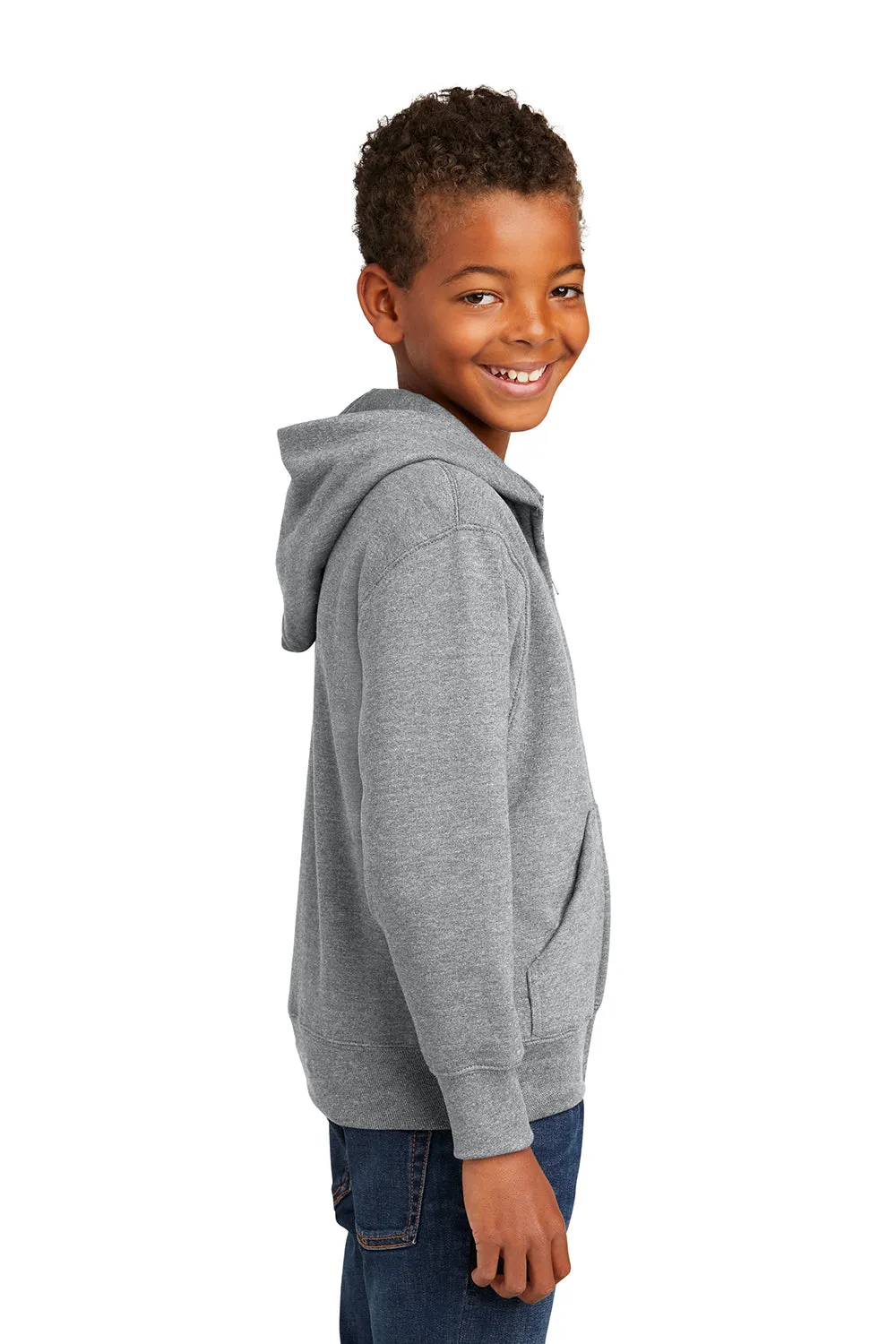 Port & Company Youth Core Pill Resistant Fleece Full Zip Hooded Sweatshirt Hoodie w/ Pockets - Heather Grey