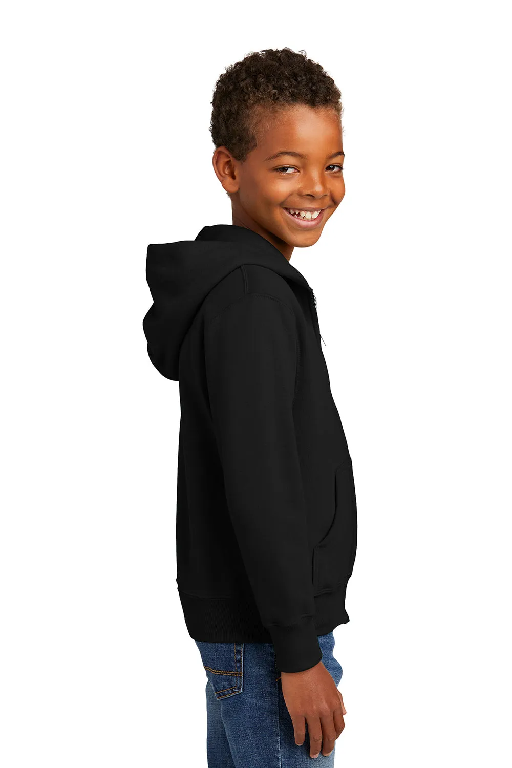 Port & Company Youth Core Pill Resistant Fleece Full Zip Hooded Sweatshirt Hoodie w/ Pockets - Jet Black