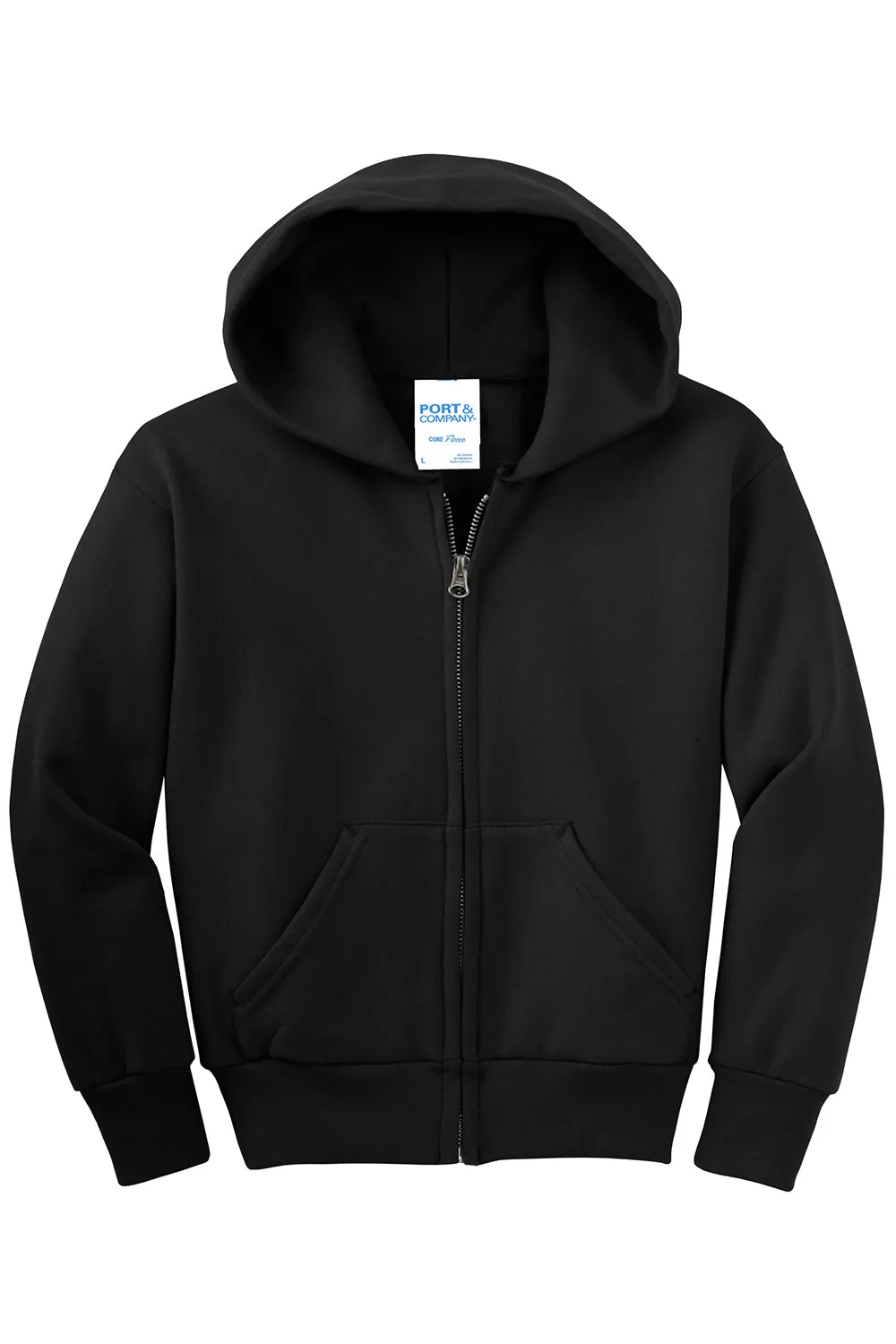 Port & Company Youth Core Pill Resistant Fleece Full Zip Hooded Sweatshirt Hoodie w/ Pockets - Jet Black