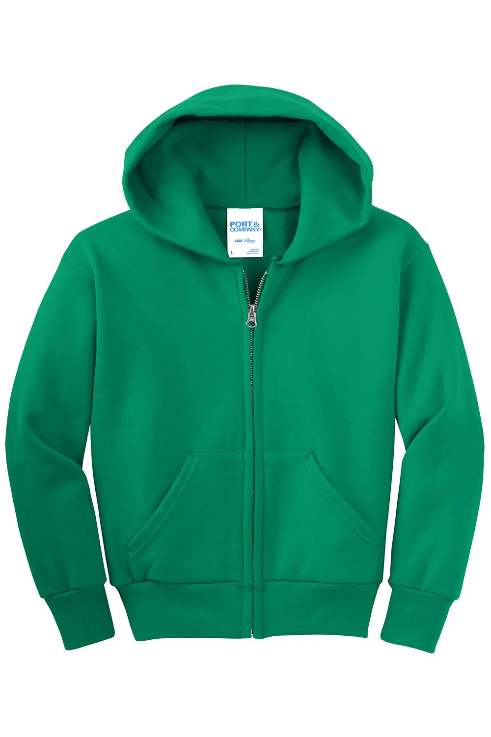 Port & Company Youth Core Pill Resistant Fleece Full Zip Hooded Sweatshirt Hoodie w/ Pockets - Kelly Green