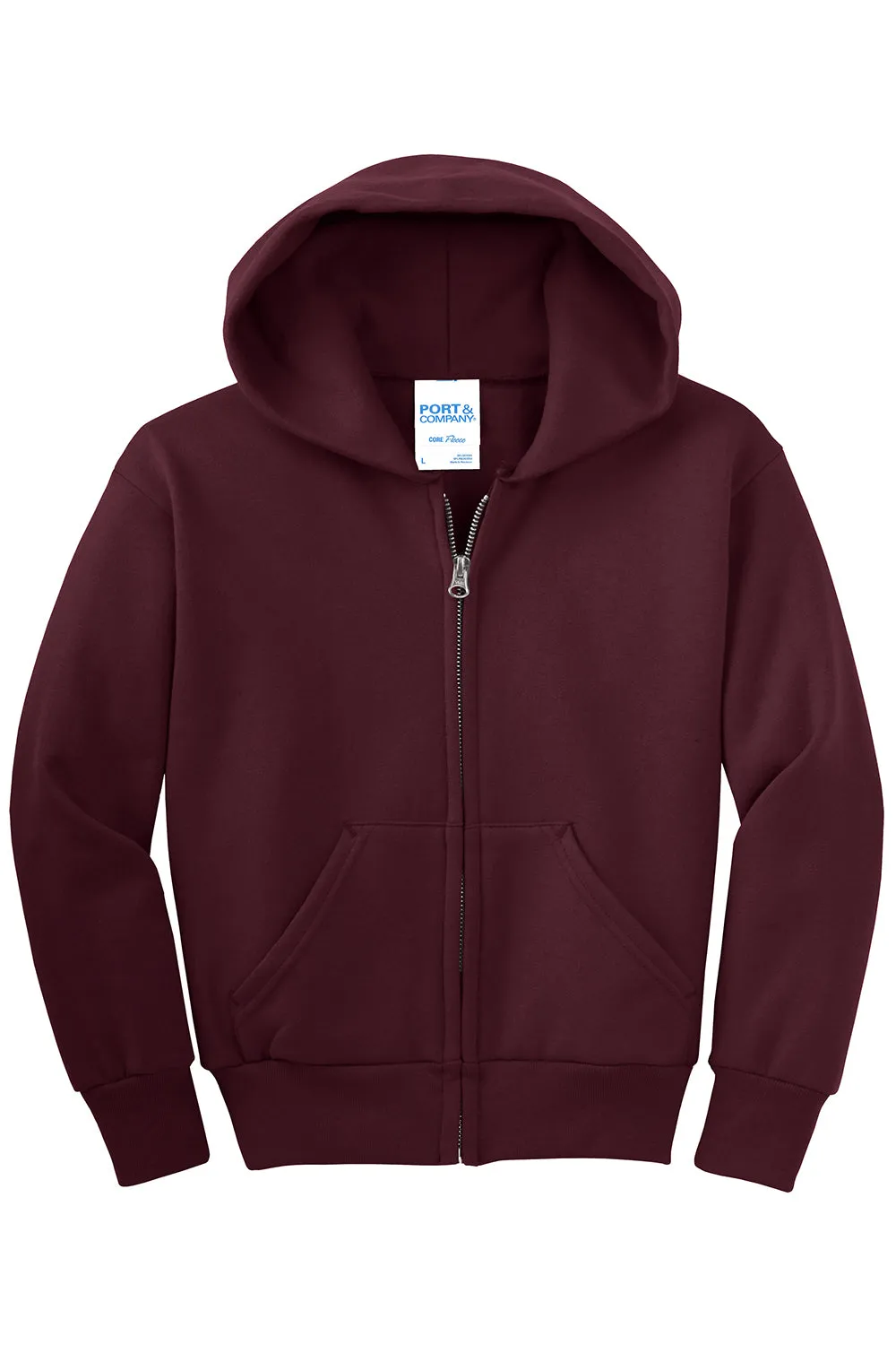 Port & Company Youth Core Pill Resistant Fleece Full Zip Hooded Sweatshirt Hoodie w/ Pockets - Maroon