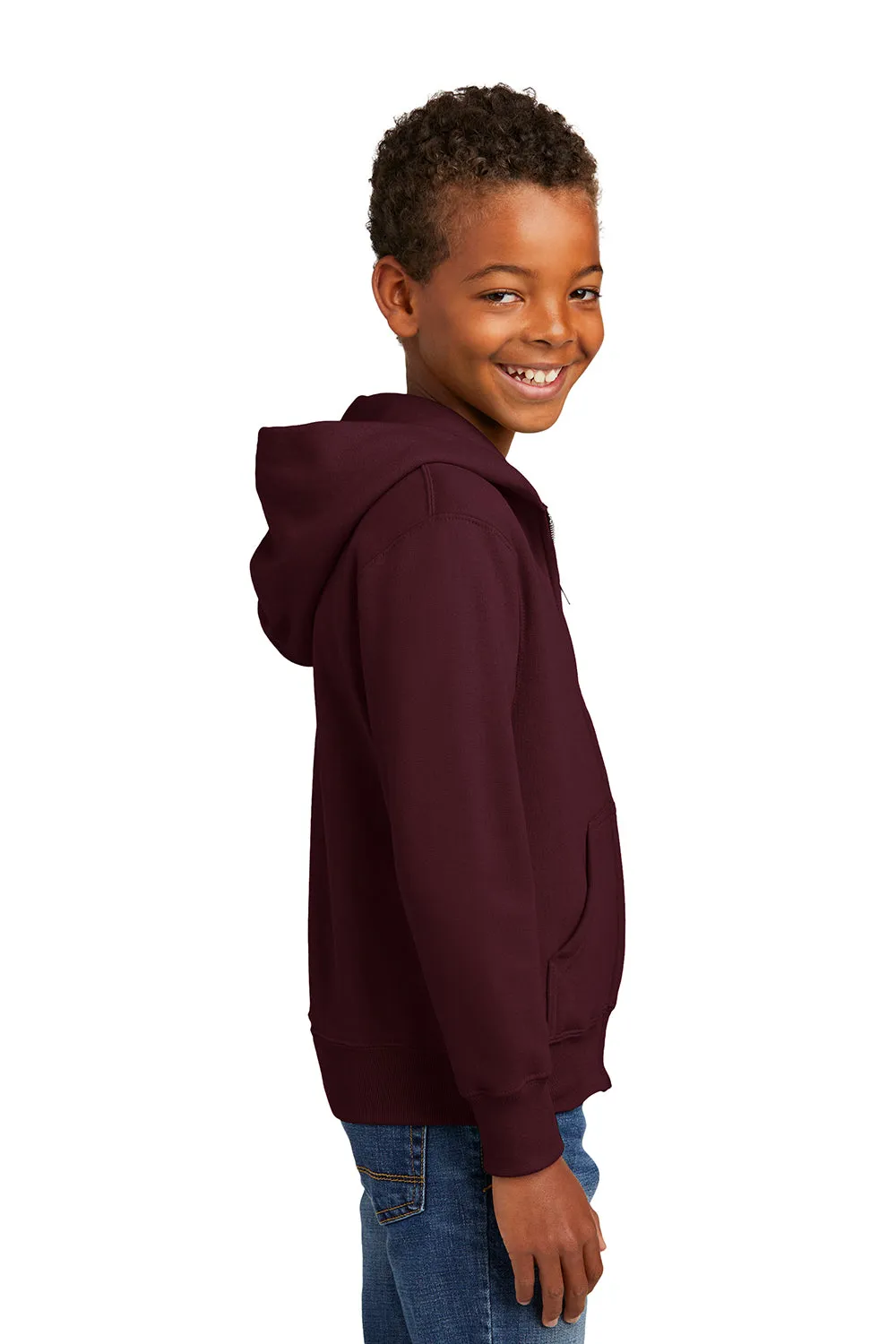 Port & Company Youth Core Pill Resistant Fleece Full Zip Hooded Sweatshirt Hoodie w/ Pockets - Maroon