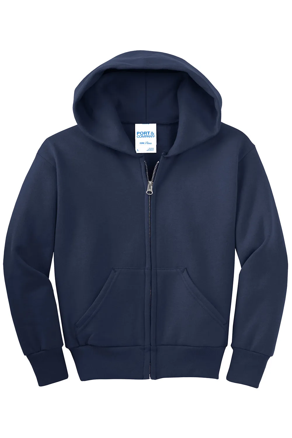 Port & Company Youth Core Pill Resistant Fleece Full Zip Hooded Sweatshirt Hoodie w/ Pockets - Navy Blue