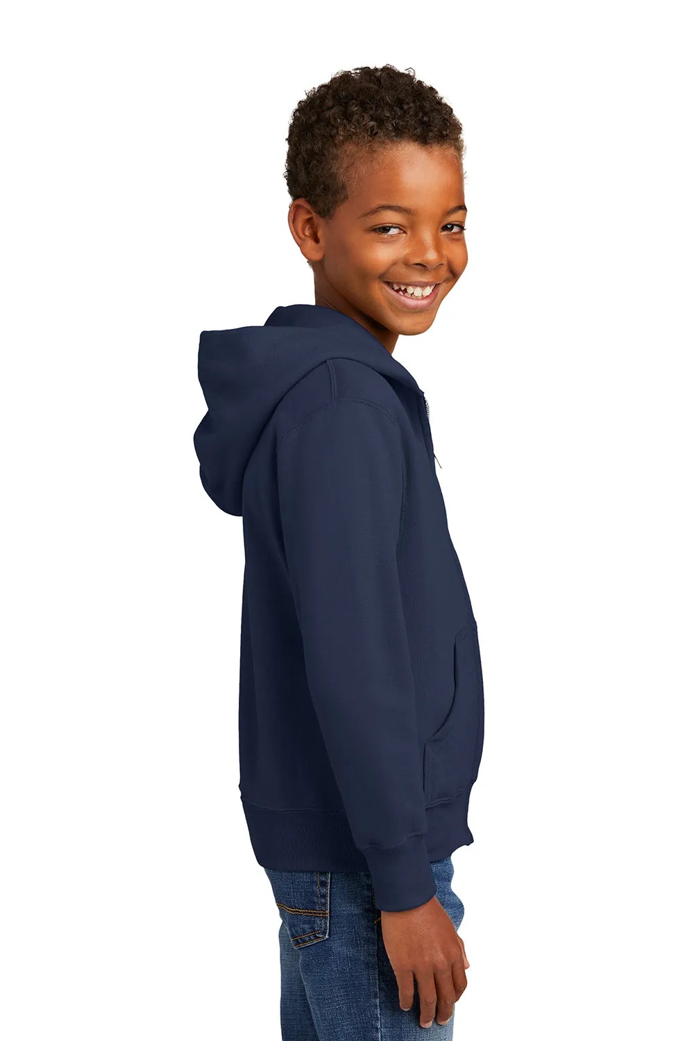 Port & Company Youth Core Pill Resistant Fleece Full Zip Hooded Sweatshirt Hoodie w/ Pockets - Navy Blue