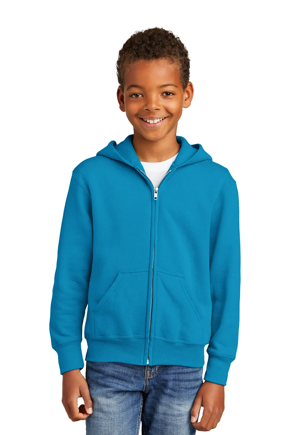 Port & Company Youth Core Pill Resistant Fleece Full Zip Hooded Sweatshirt Hoodie w/ Pockets - Neon Blue