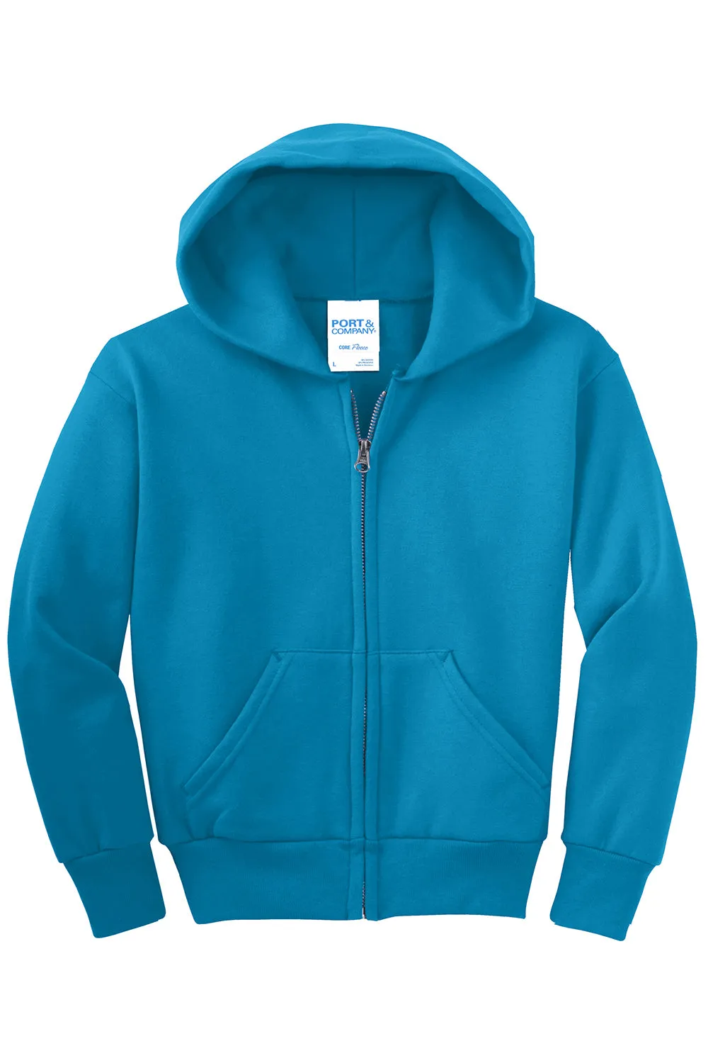Port & Company Youth Core Pill Resistant Fleece Full Zip Hooded Sweatshirt Hoodie w/ Pockets - Neon Blue