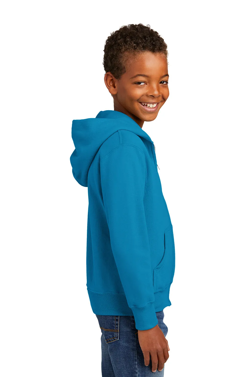 Port & Company Youth Core Pill Resistant Fleece Full Zip Hooded Sweatshirt Hoodie w/ Pockets - Neon Blue