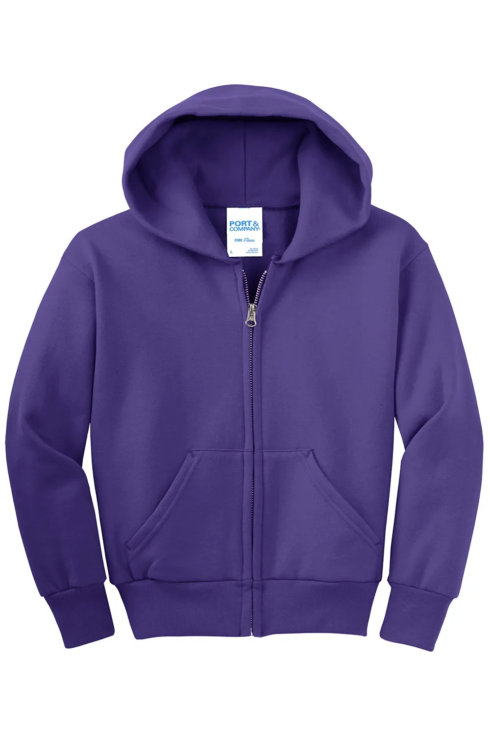 Port & Company Youth Core Pill Resistant Fleece Full Zip Hooded Sweatshirt Hoodie w/ Pockets - Purple