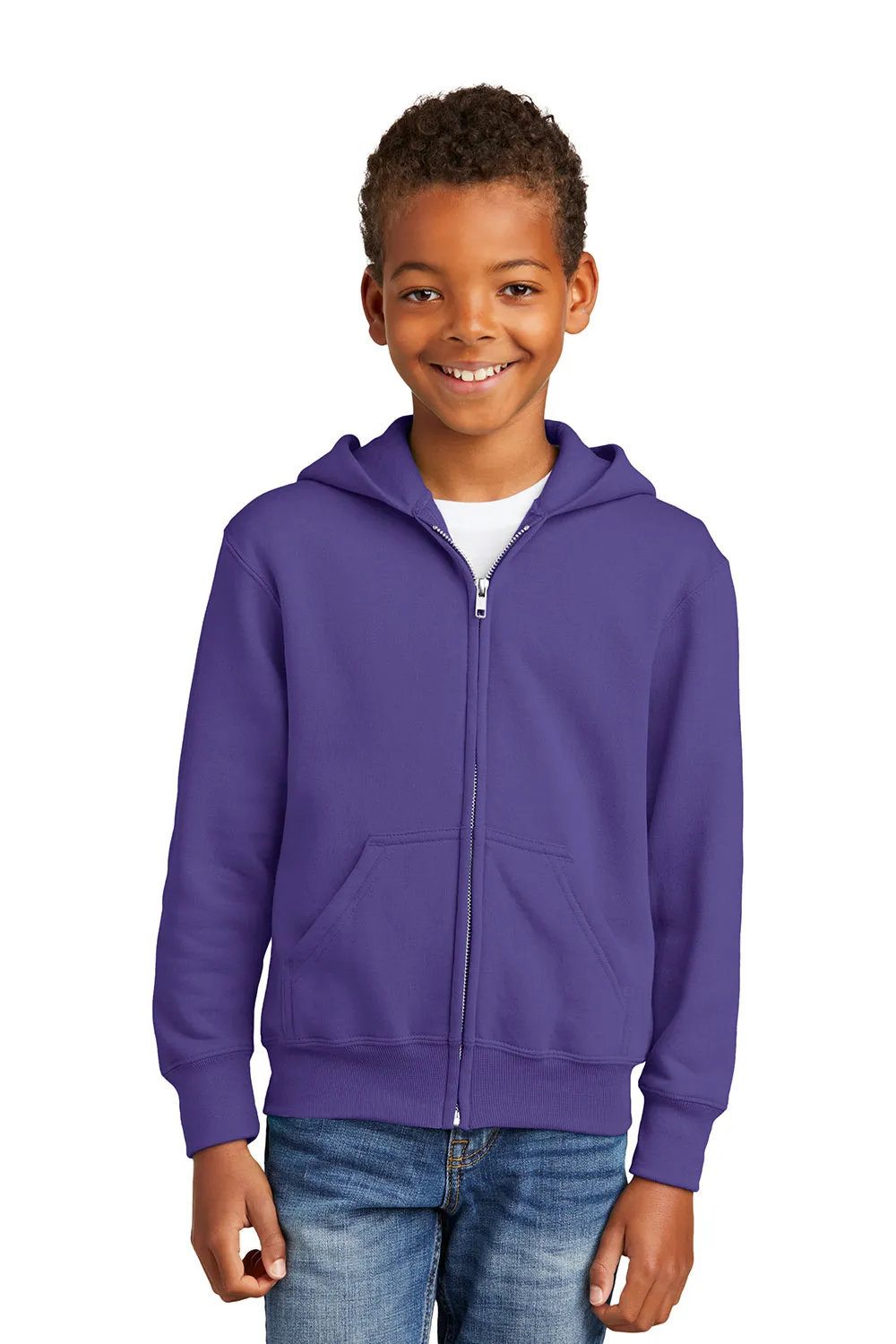 Port & Company Youth Core Pill Resistant Fleece Full Zip Hooded Sweatshirt Hoodie w/ Pockets - Purple