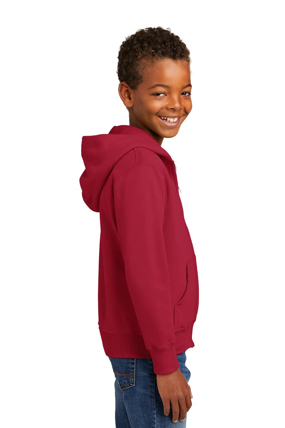 Port & Company Youth Core Pill Resistant Fleece Full Zip Hooded Sweatshirt Hoodie w/ Pockets - Red
