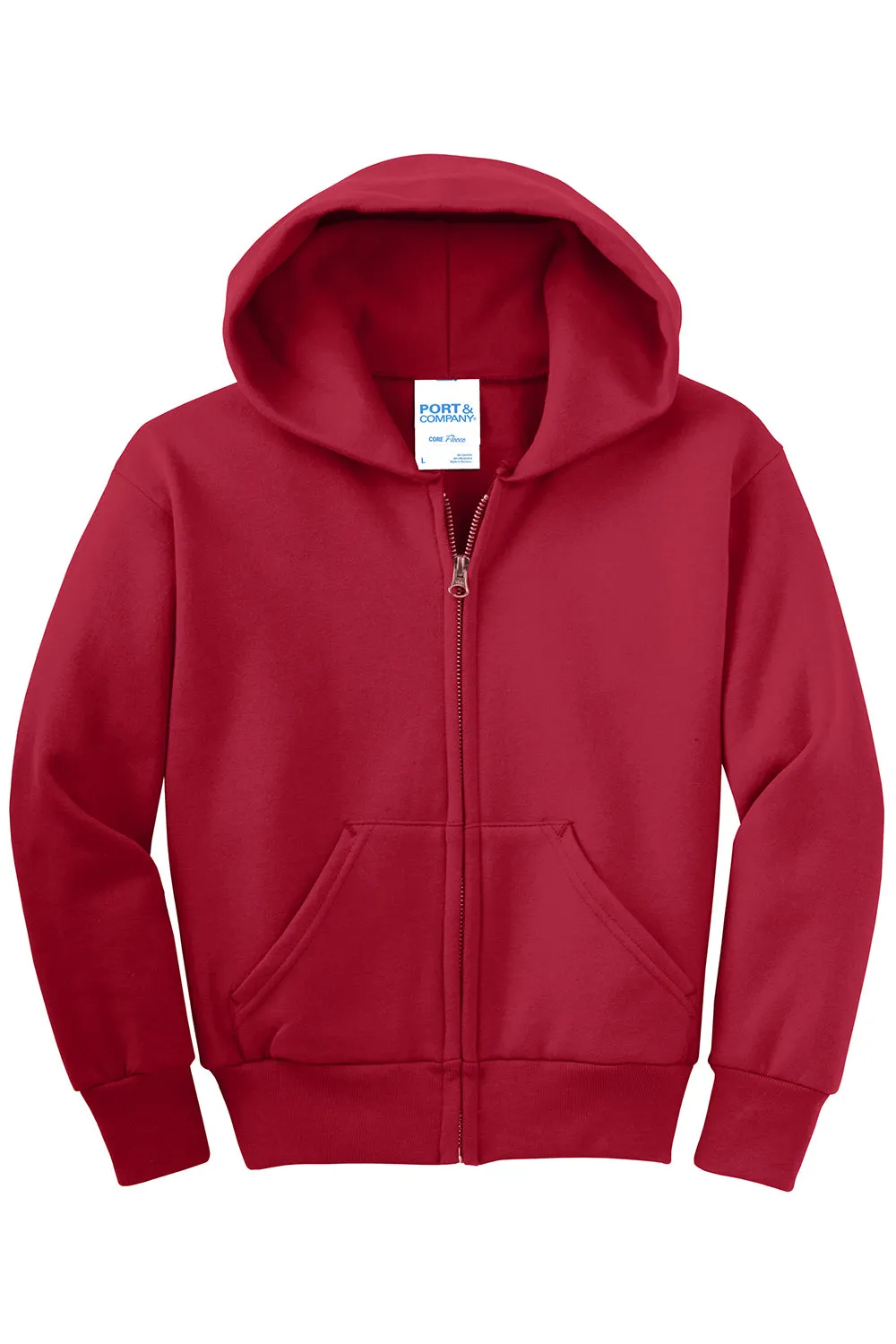 Port & Company Youth Core Pill Resistant Fleece Full Zip Hooded Sweatshirt Hoodie w/ Pockets - Red