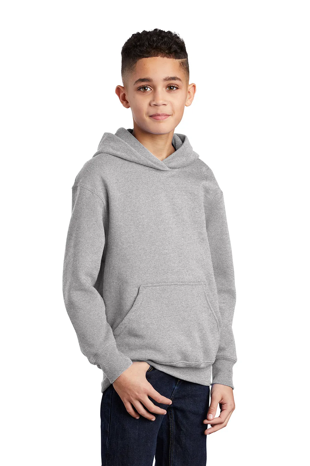 Port & Company Youth Core Pill Resistant Fleece Hooded Sweatshirt Hoodie w/ Pouch Pocket - Ash Grey