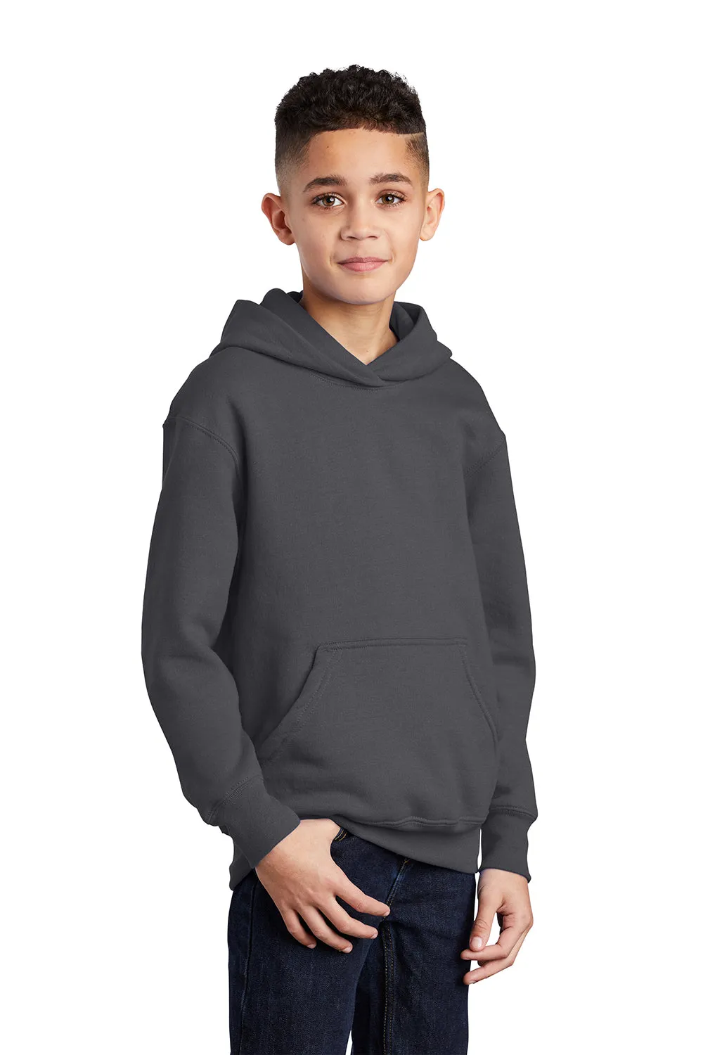 Port & Company Youth Core Pill Resistant Fleece Hooded Sweatshirt Hoodie w/ Pouch Pocket - Charcoal Grey