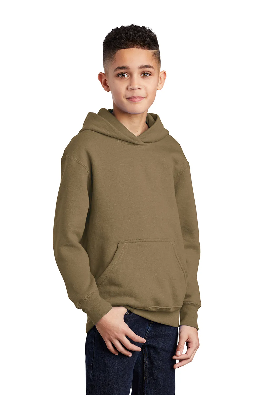 Port & Company Youth Core Pill Resistant Fleece Hooded Sweatshirt Hoodie w/ Pouch Pocket - Coyote Brown