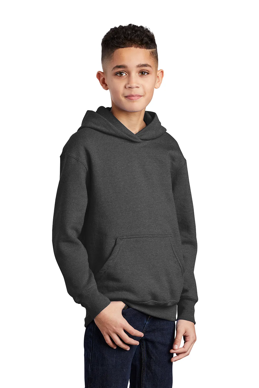 Port & Company Youth Core Pill Resistant Fleece Hooded Sweatshirt Hoodie w/ Pouch Pocket - Heather Dark Grey