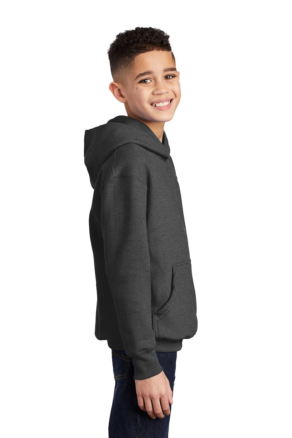 Port & Company Youth Core Pill Resistant Fleece Hooded Sweatshirt Hoodie w/ Pouch Pocket - Heather Dark Grey