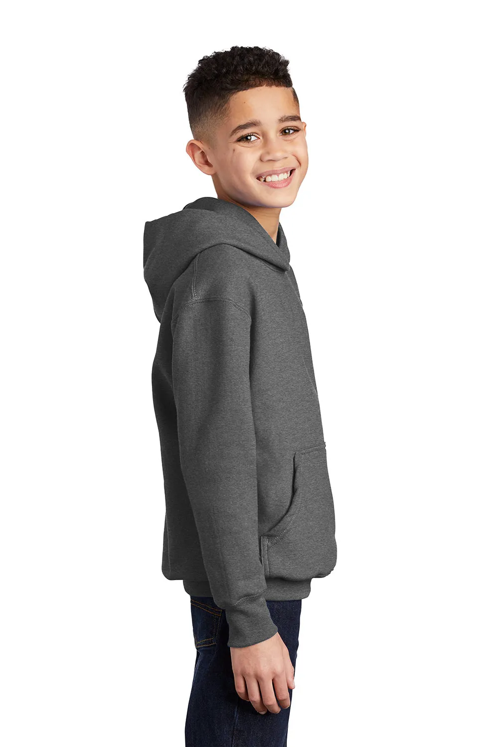 Port & Company Youth Core Pill Resistant Fleece Hooded Sweatshirt Hoodie w/ Pouch Pocket - Heather Graphite Grey