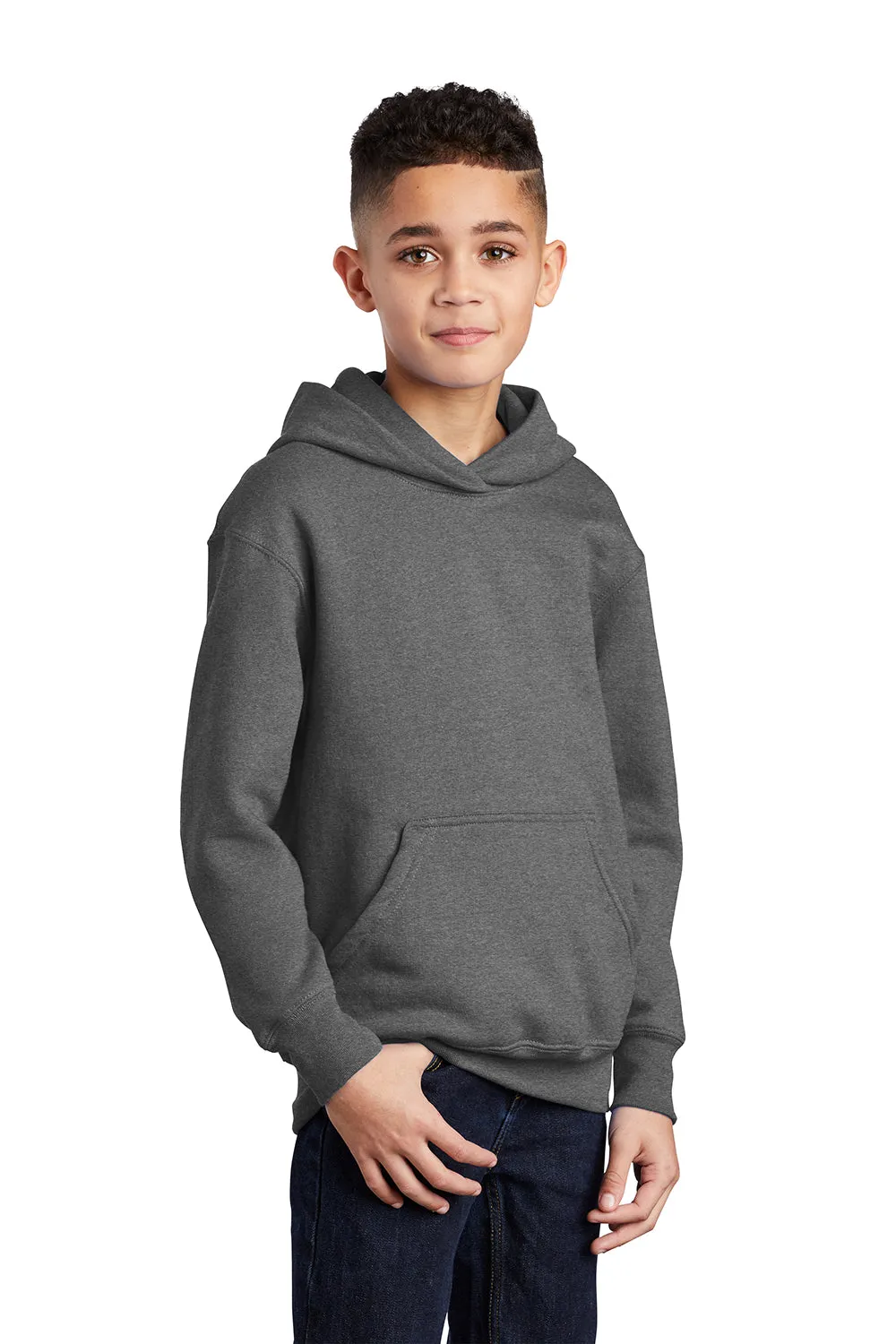 Port & Company Youth Core Pill Resistant Fleece Hooded Sweatshirt Hoodie w/ Pouch Pocket - Heather Graphite Grey