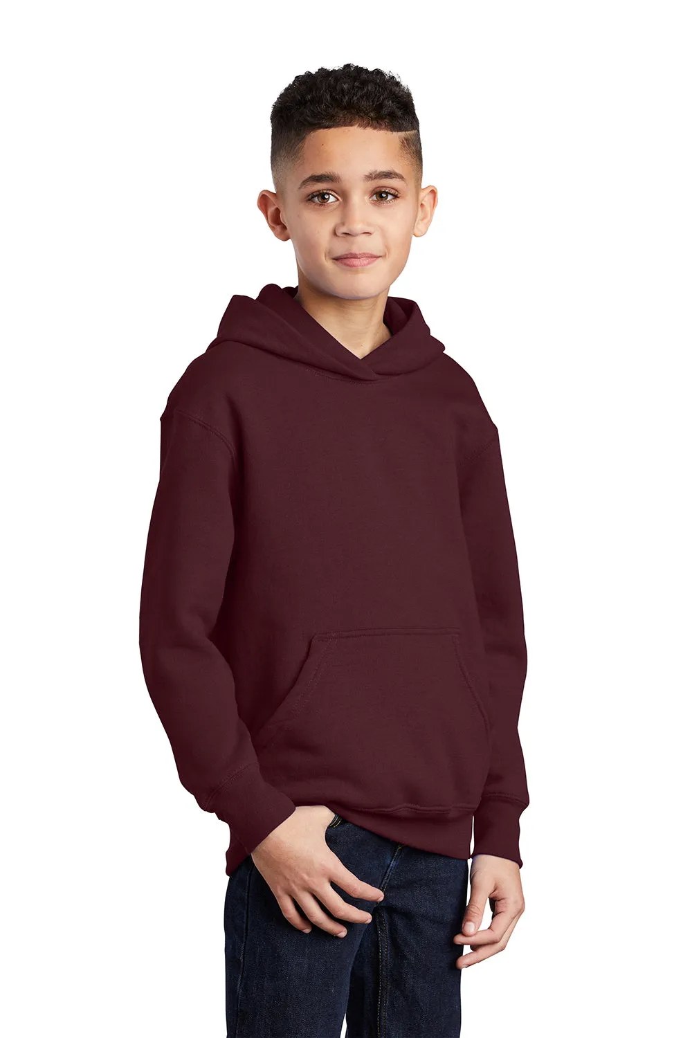 Port & Company Youth Core Pill Resistant Fleece Hooded Sweatshirt Hoodie w/ Pouch Pocket - Maroon