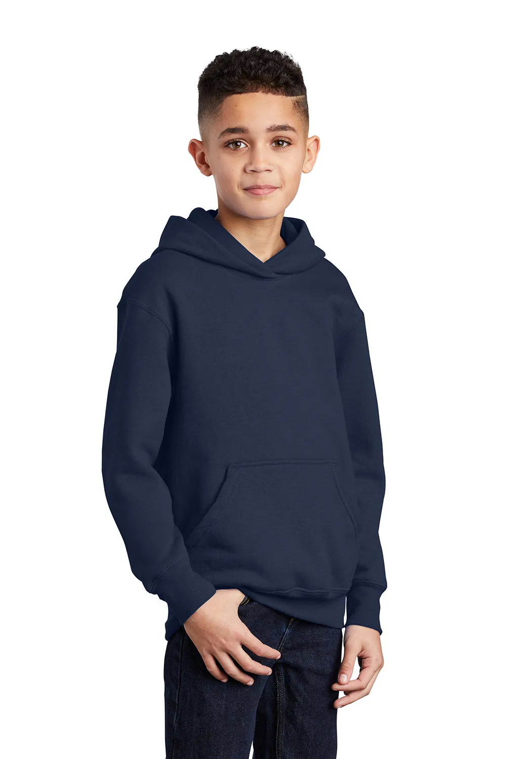 Port & Company Youth Core Pill Resistant Fleece Hooded Sweatshirt Hoodie w/ Pouch Pocket - Navy Blue