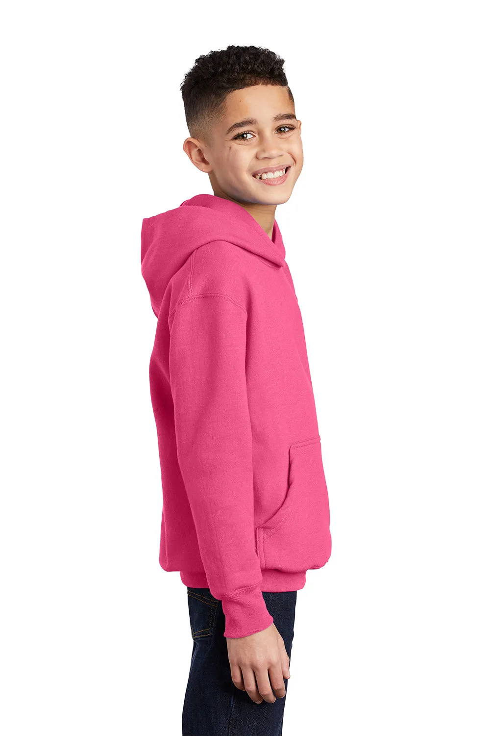 Port & Company Youth Core Pill Resistant Fleece Hooded Sweatshirt Hoodie w/ Pouch Pocket - Neon Pink