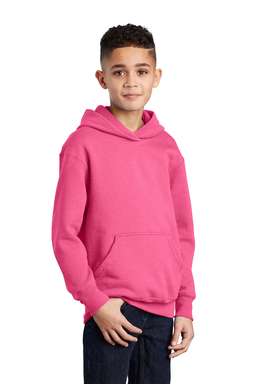 Port & Company Youth Core Pill Resistant Fleece Hooded Sweatshirt Hoodie w/ Pouch Pocket - Neon Pink