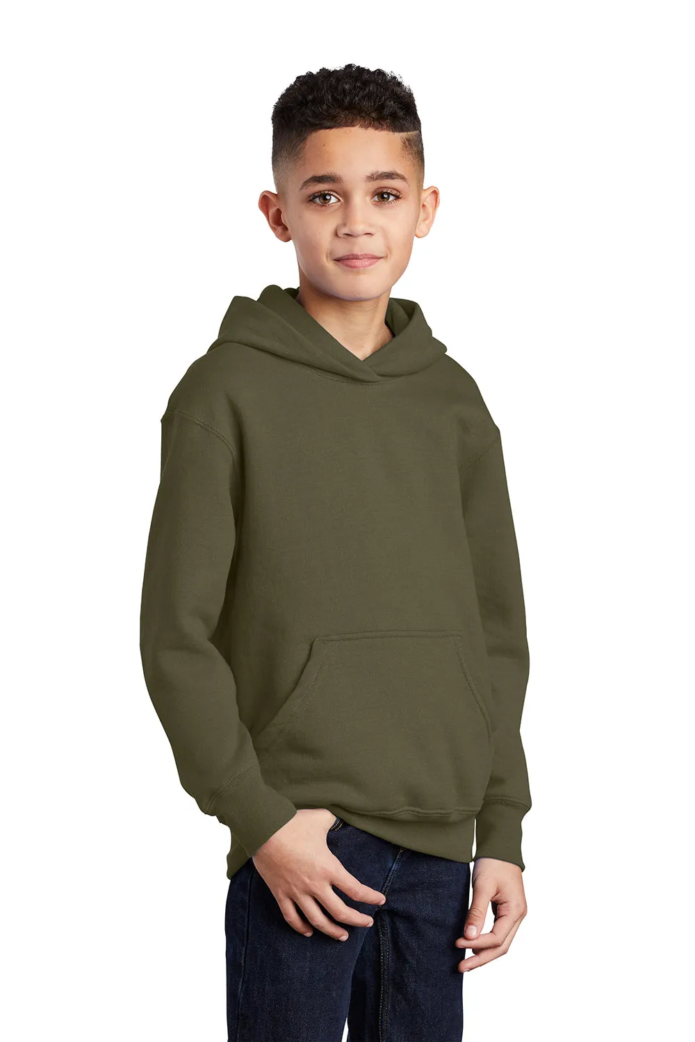 Port & Company Youth Core Pill Resistant Fleece Hooded Sweatshirt Hoodie w/ Pouch Pocket - Olive Drab Green