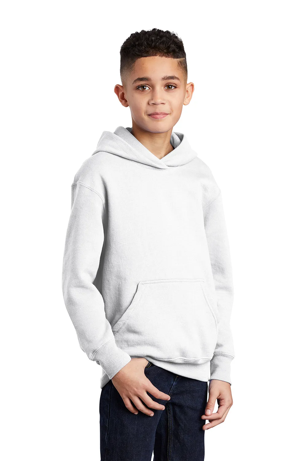 Port & Company Youth Core Pill Resistant Fleece Hooded Sweatshirt Hoodie w/ Pouch Pocket - White