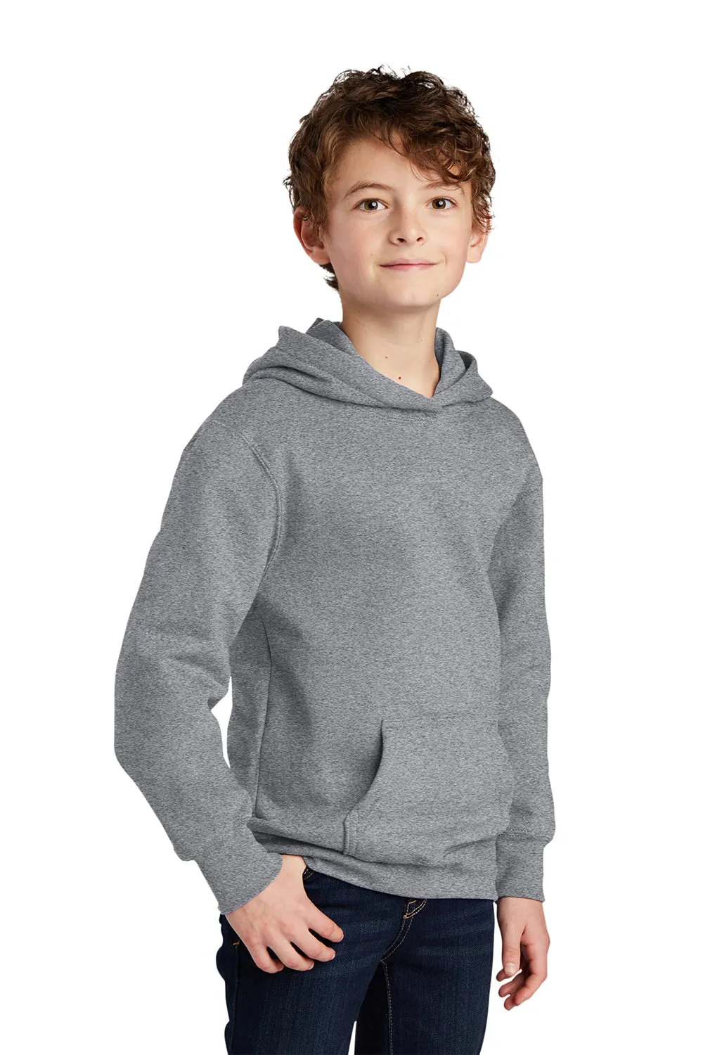 Port & Company Youth Fan Favorite Fleece Hooded Sweatshirt Hoodie w/ Pouch Pocket - Heather Grey
