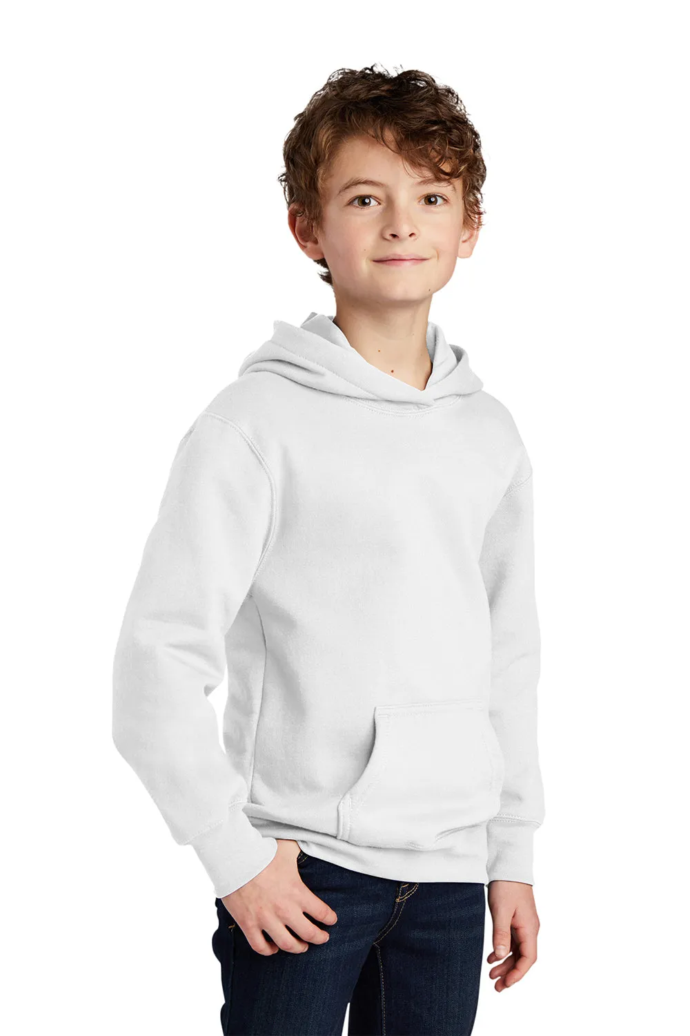 Port & Company Youth Fan Favorite Fleece Hooded Sweatshirt Hoodie w/ Pouch Pocket - White