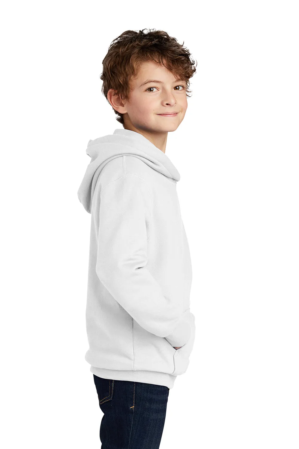 Port & Company Youth Fan Favorite Fleece Hooded Sweatshirt Hoodie w/ Pouch Pocket - White