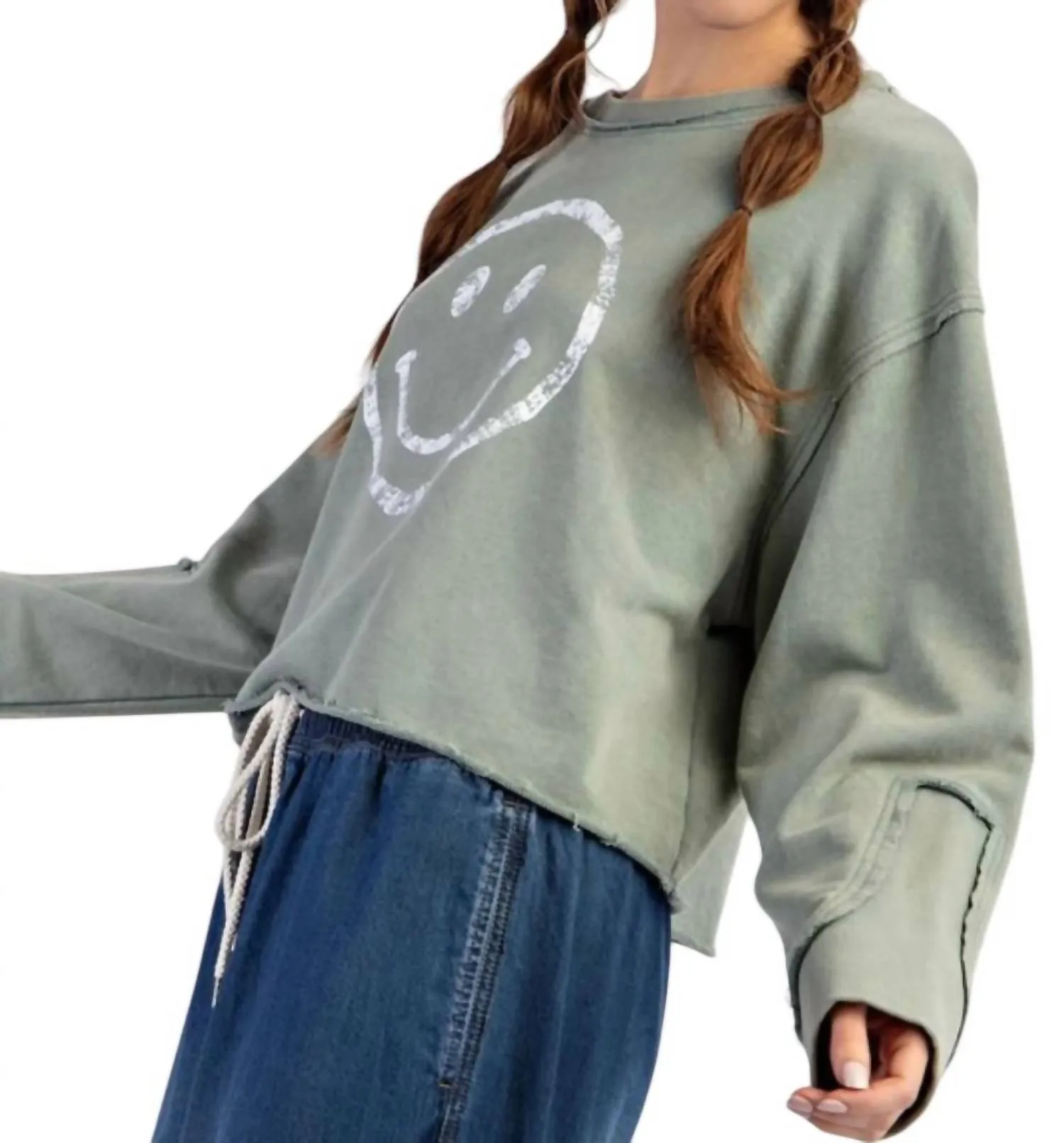 Smiley Sweatshirt In Mint Sage
