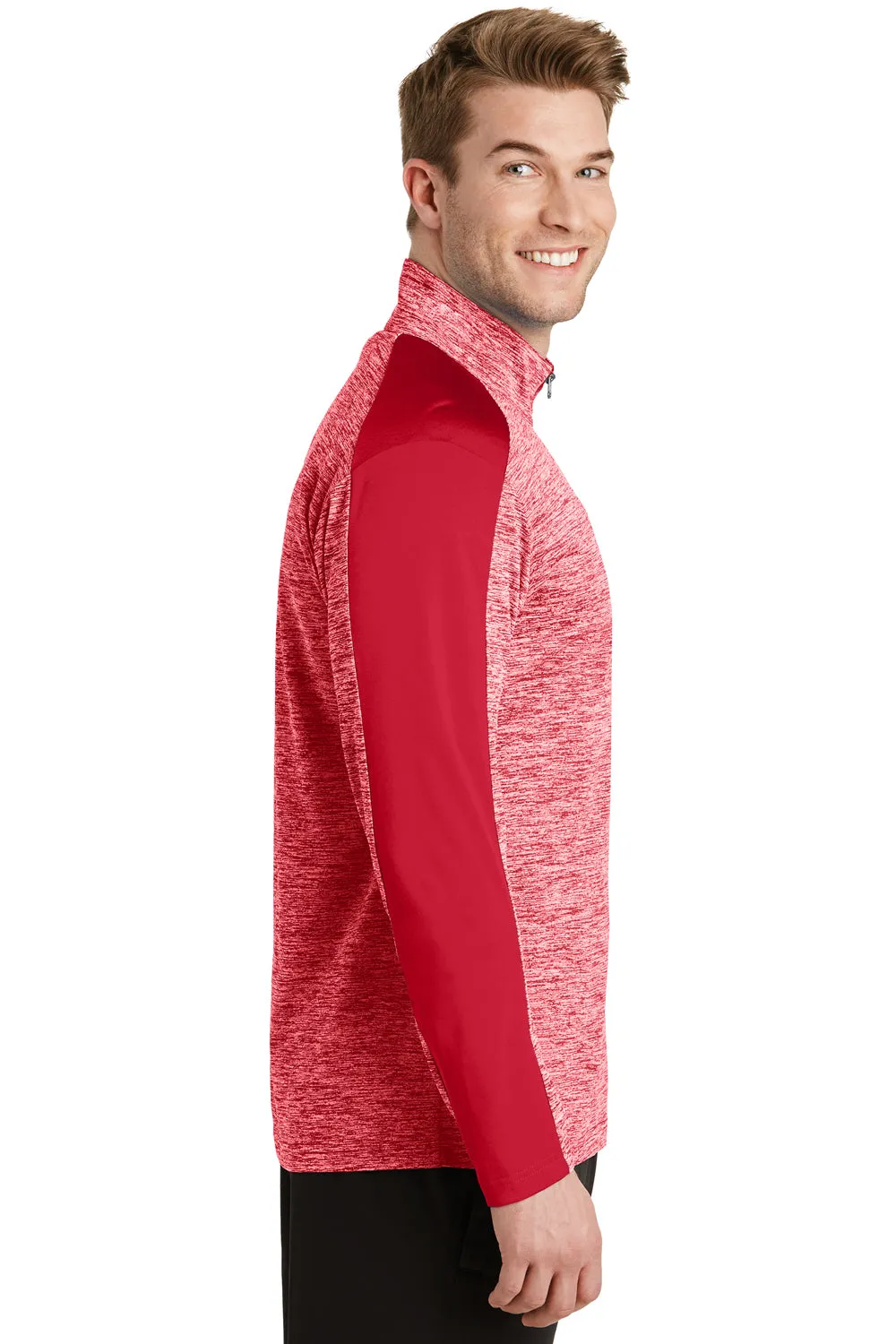 Sport-Tek Mens Electric Heather Moisture Wicking 1/4 Zip Sweatshirt - Deep Red Electric/Deep Red