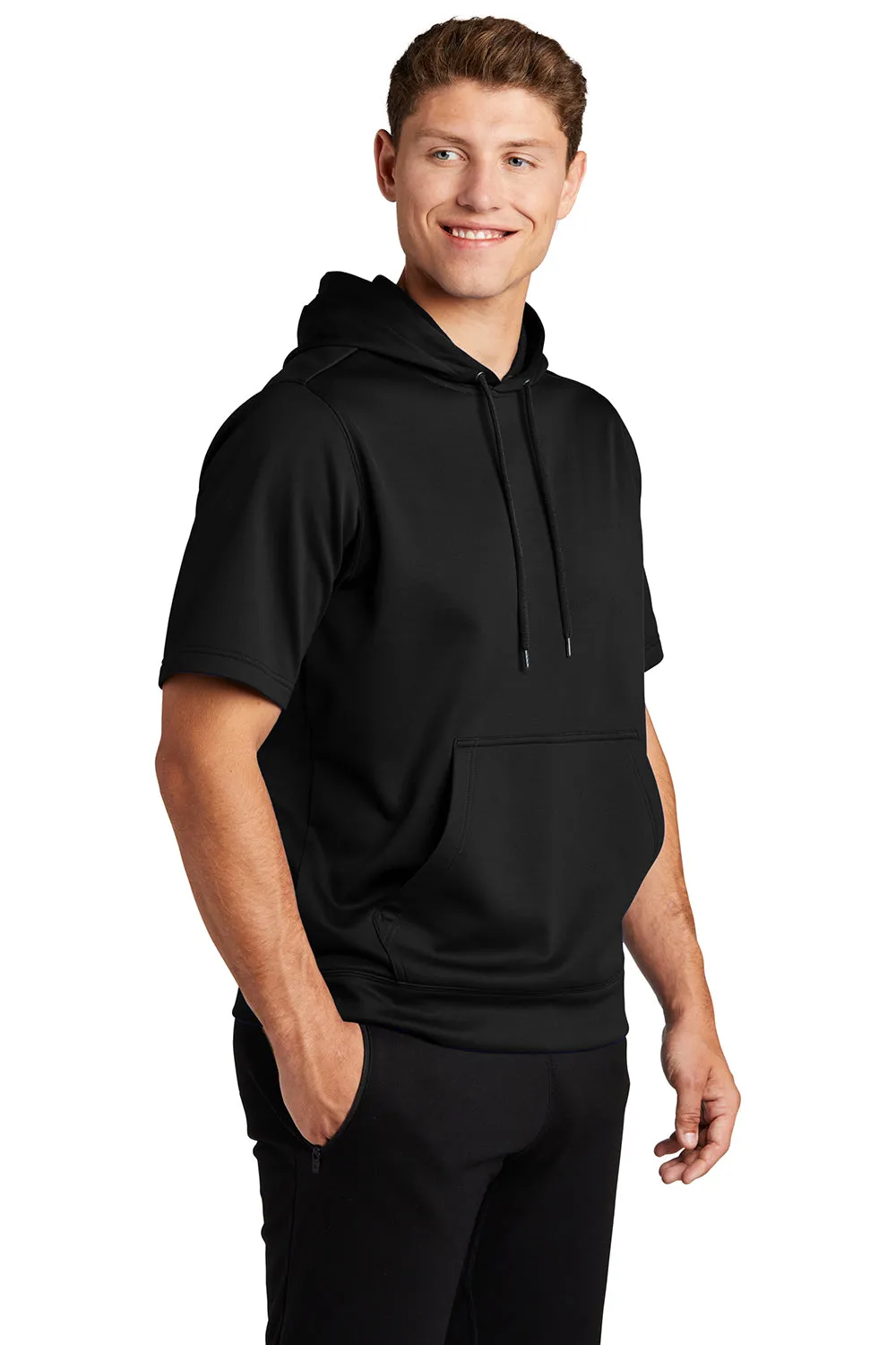 Sport-Tek Mens Moisture Wicking Fleece Short Sleeve Hooded Sweatshirt Hoodie w/ Pouch Pocket - Black