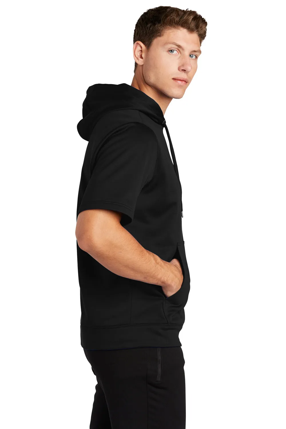 Sport-Tek Mens Moisture Wicking Fleece Short Sleeve Hooded Sweatshirt Hoodie w/ Pouch Pocket - Black