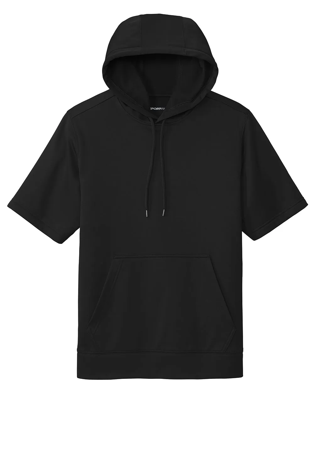 Sport-Tek Mens Moisture Wicking Fleece Short Sleeve Hooded Sweatshirt Hoodie w/ Pouch Pocket - Black