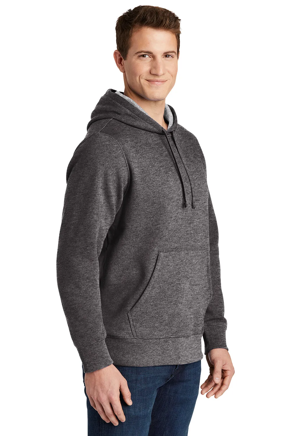 Sport-Tek Mens Shrink Resistant Fleece Hooded Sweatshirt Hoodie w/ Pouch Pocket - Heather Graphite Grey